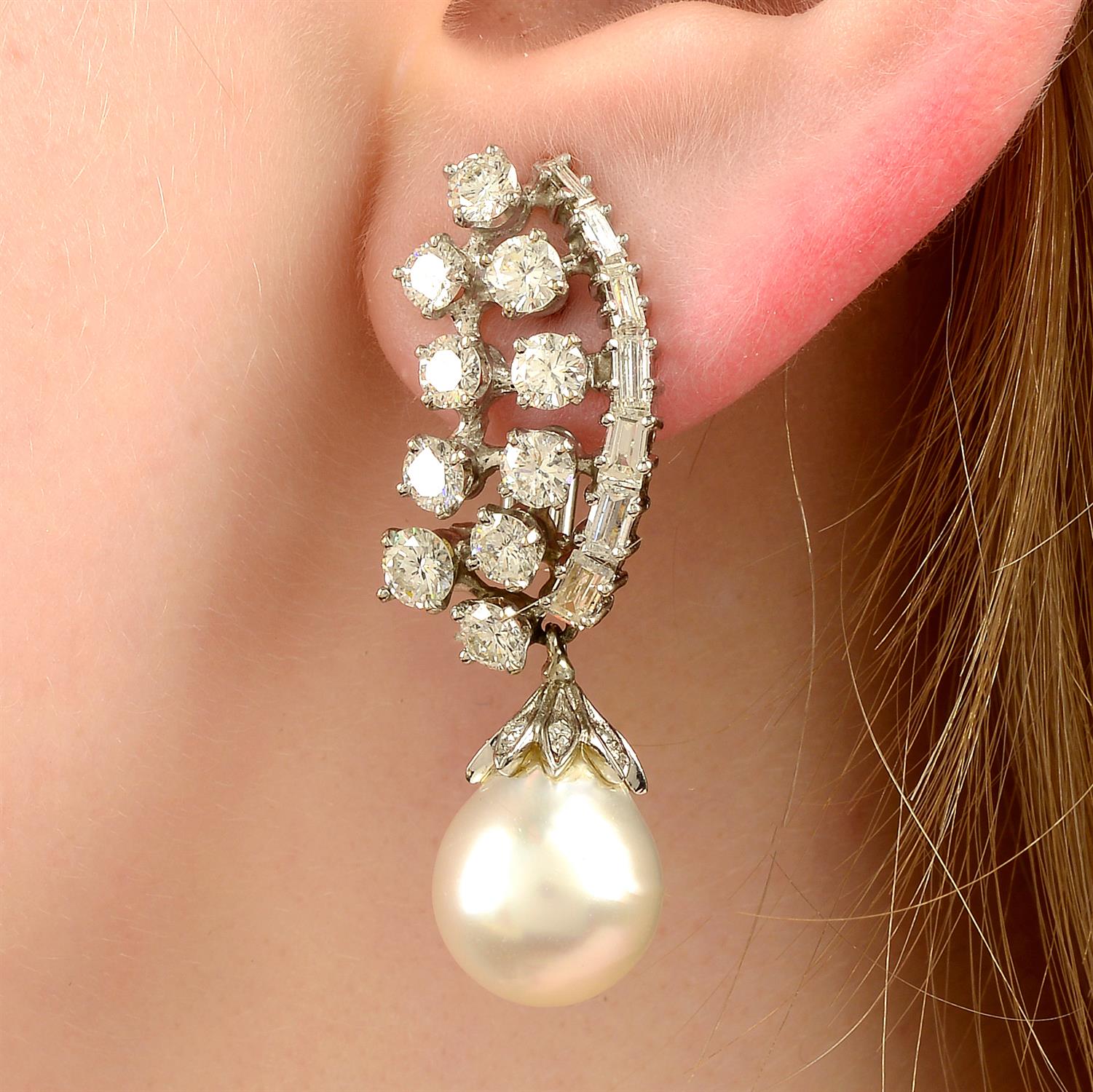 A pair of mid 20th century 14ct gold vari-cut diamond and cultured pearl drop earrings.