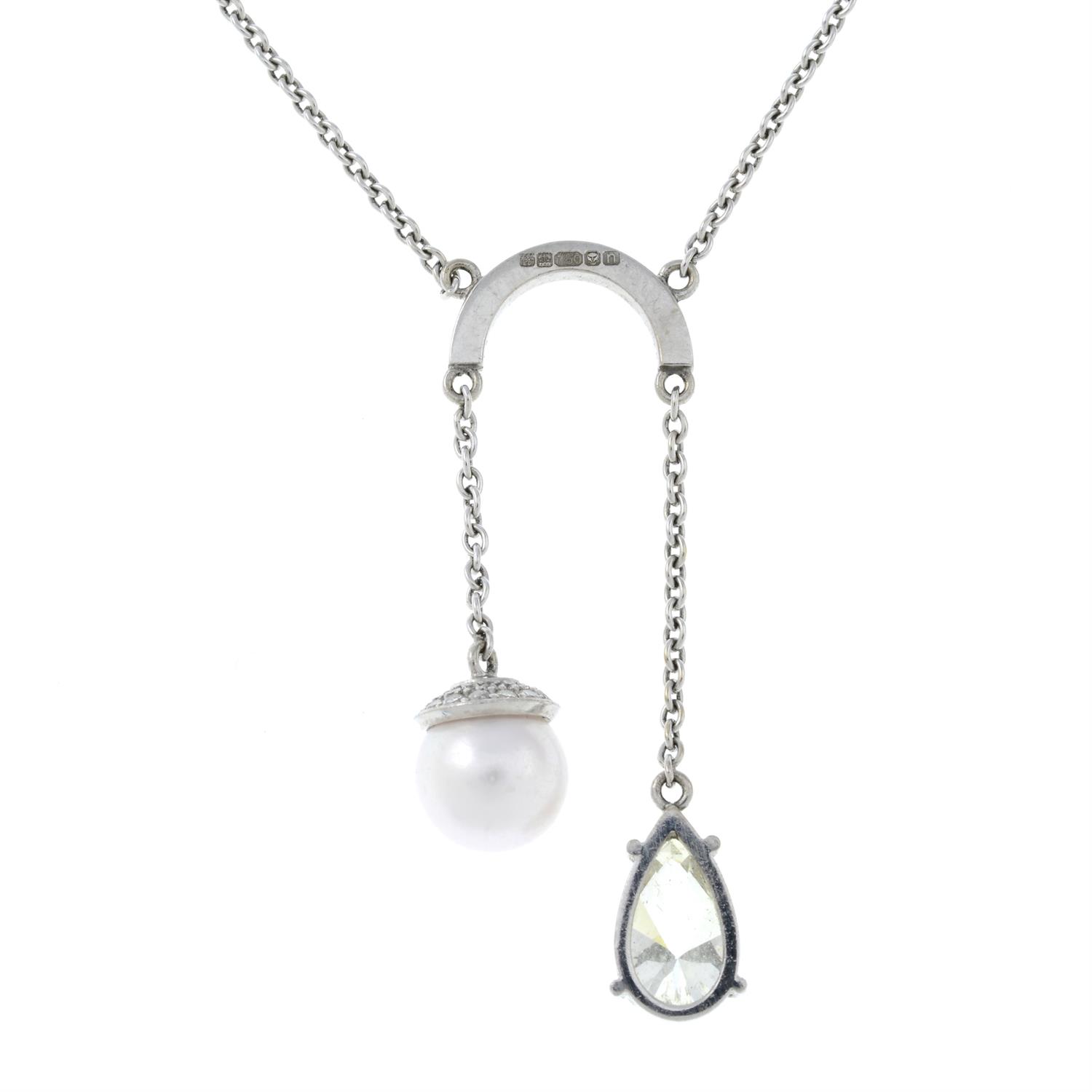An 18ct gold diamond and cultured pearl negligée pendant, on chain. - Image 3 of 6