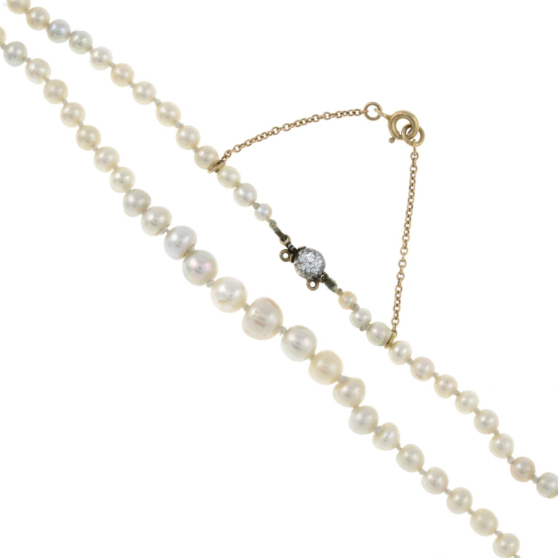 A graduated natural pearl single-strand necklace, with old-cut diamond clasp. - Image 2 of 6