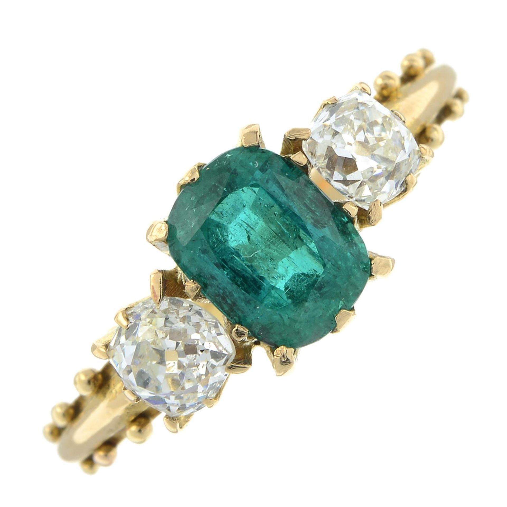 An emerald and old-cut diamond three-stone ring. - Image 2 of 6