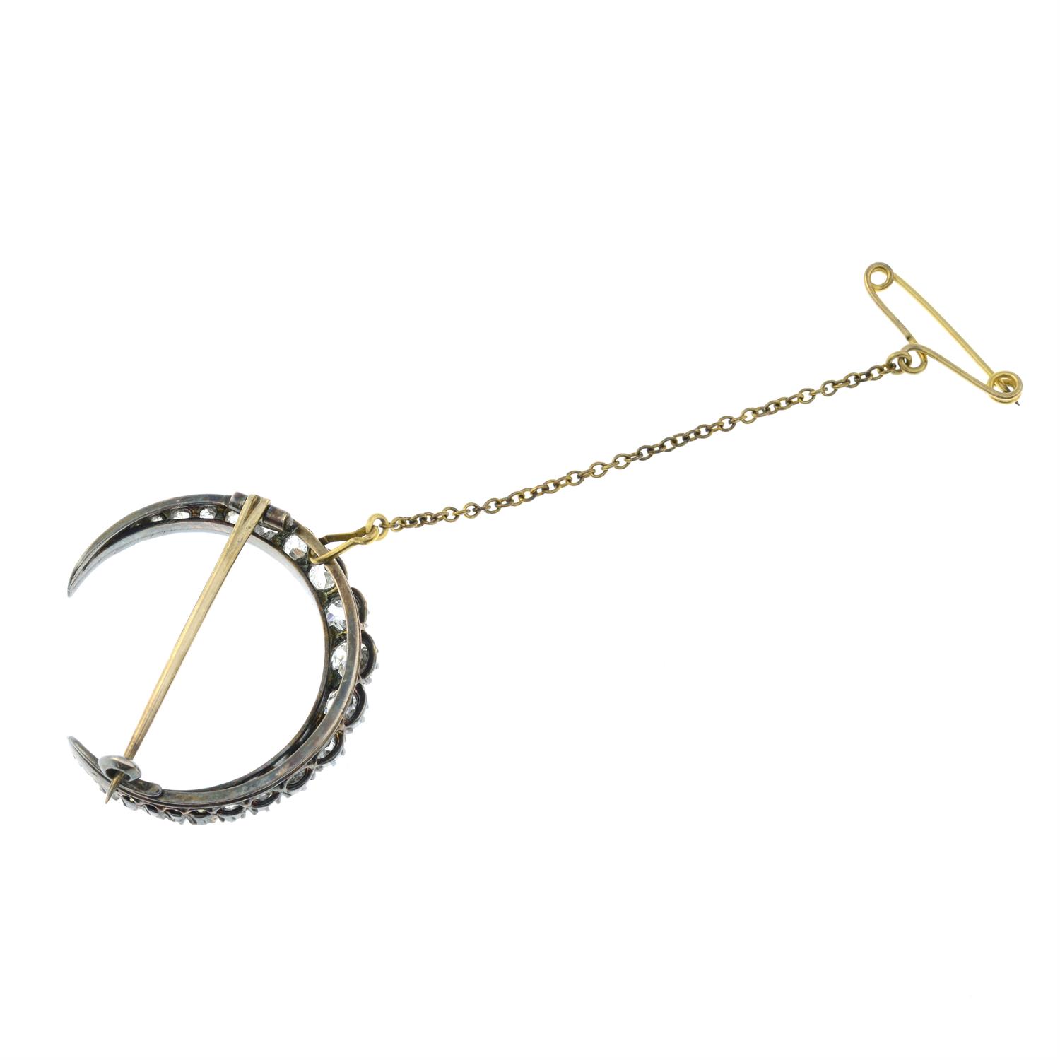 A late Victorian silver and gold, old and rose-cut diamond crescent brooch. - Image 4 of 5