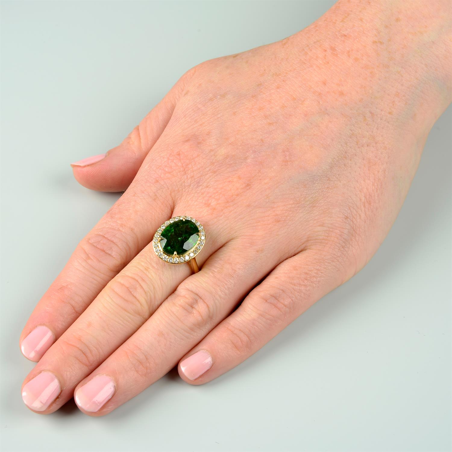 A green tourmaline and brilliant-cut diamond cluster ring. - Image 6 of 6
