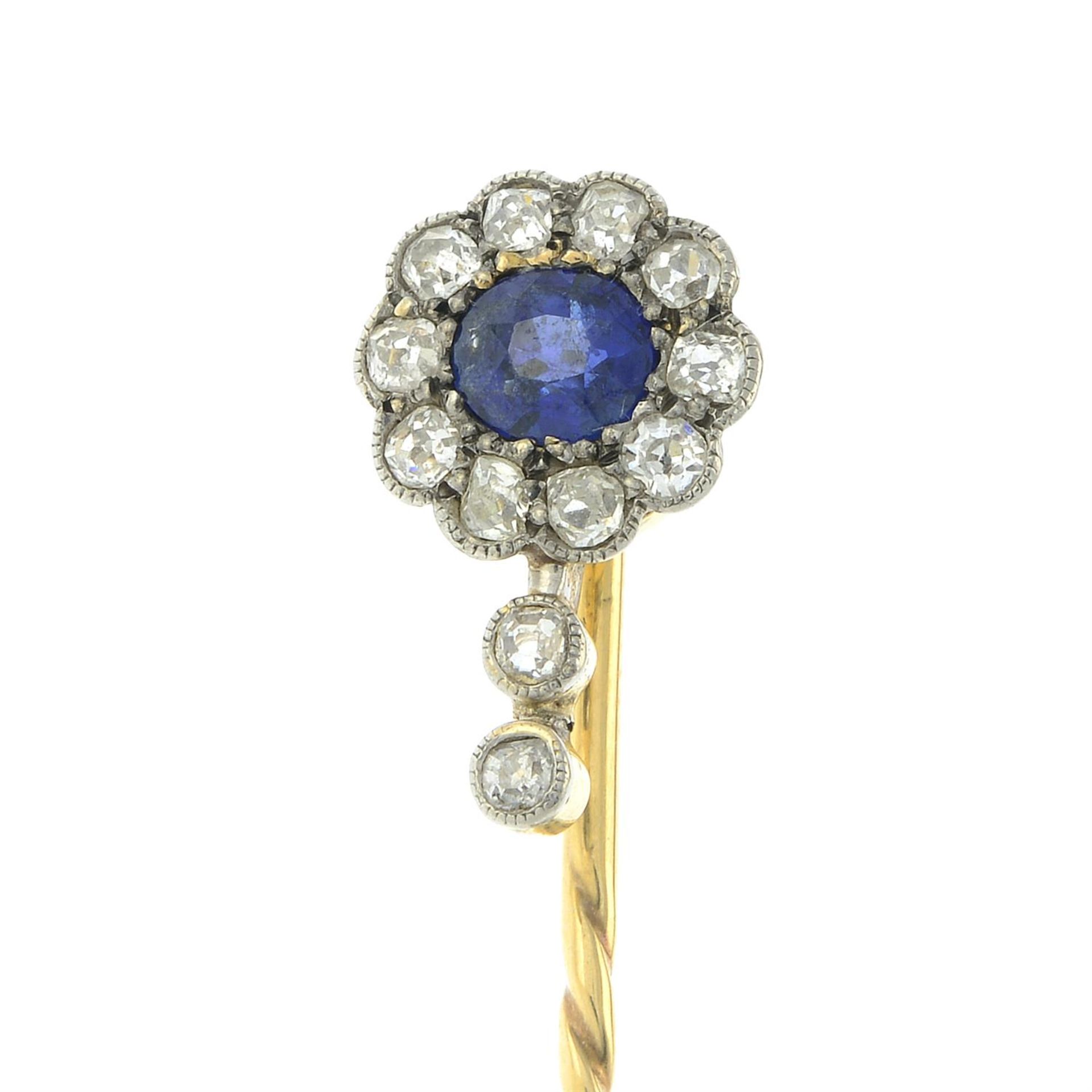 An early 20th century 12ct gold and platinum, sapphire and old-cut diamond cluster stickpin. - Image 2 of 5