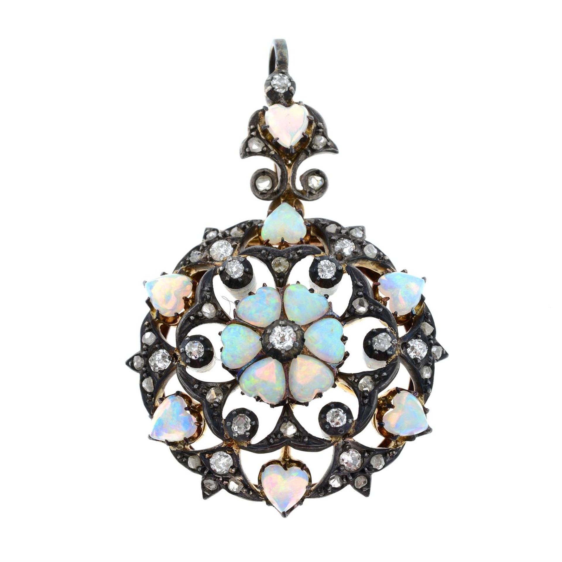 A silver and gold, late 19th century opal heart and diamond pendant/brooch. - Bild 2 aus 5