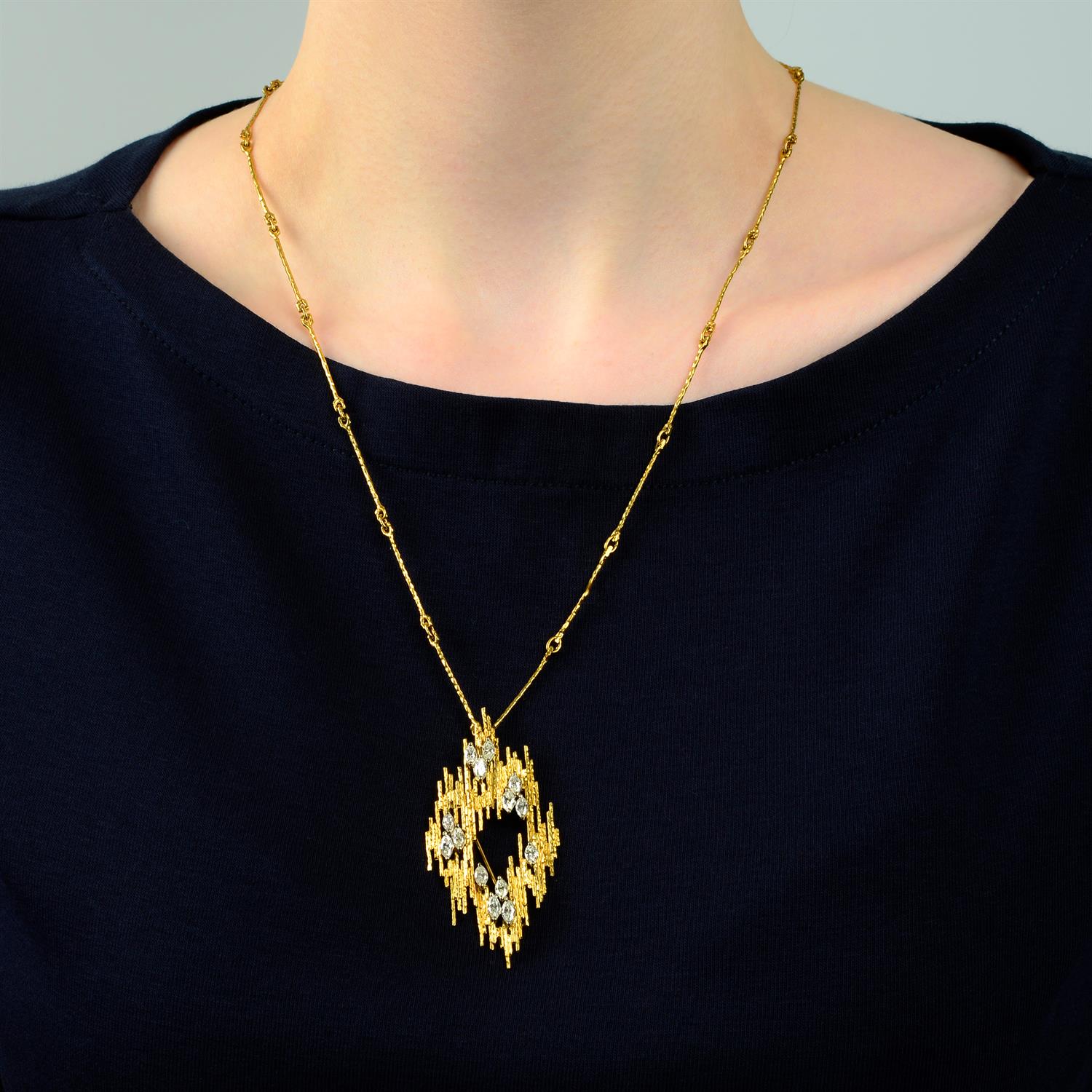 A 1970s 18ct gold marquise-shape diamond textured pendant brooch, with similarly-textured chain. - Image 5 of 5