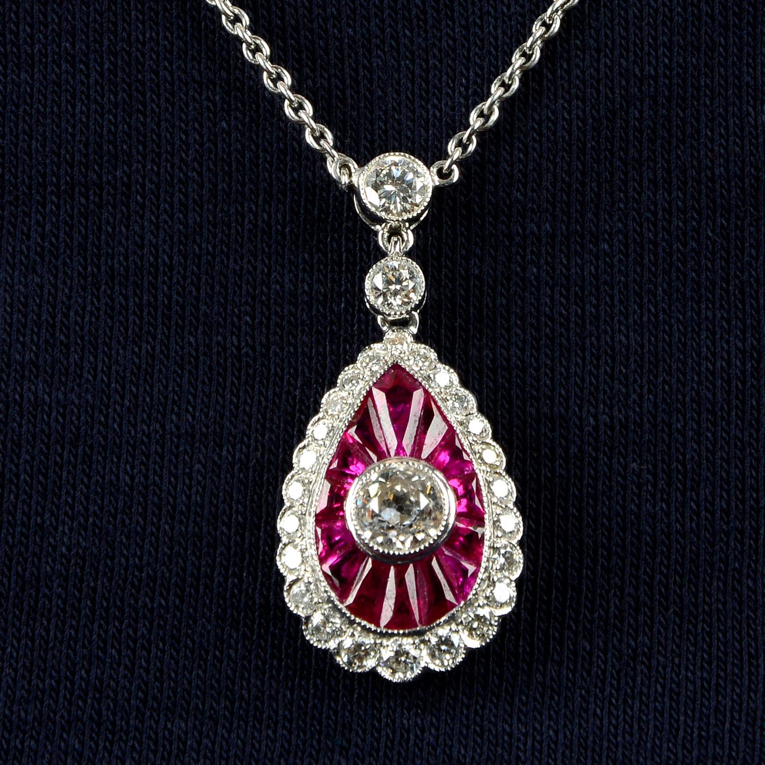 An 18ct gold old and brilliant-cut diamond and calibré-cut ruby necklace.