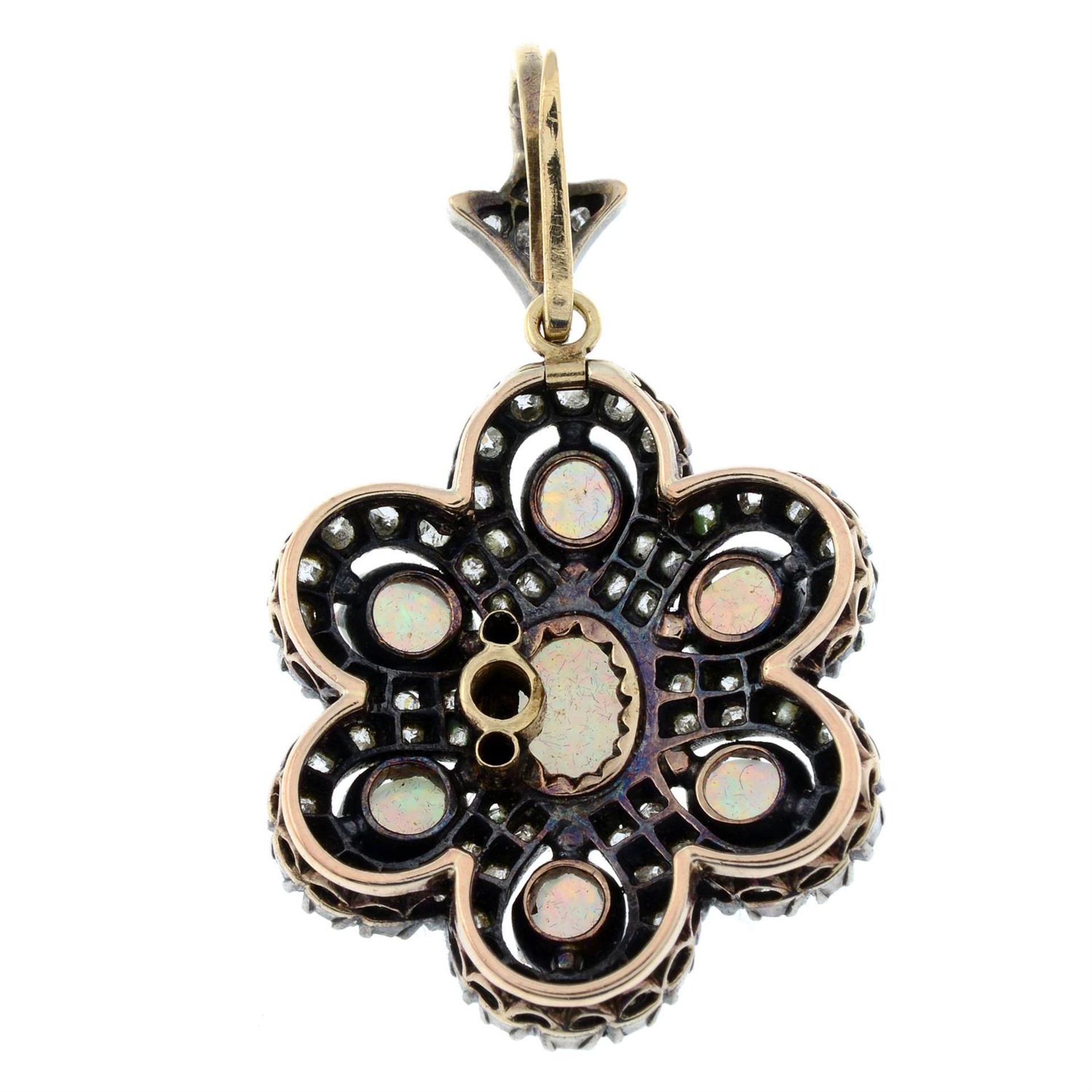 A late Victorian silver and gold, opal and old-cut diamond floral cluster pendant. - Bild 3 aus 5