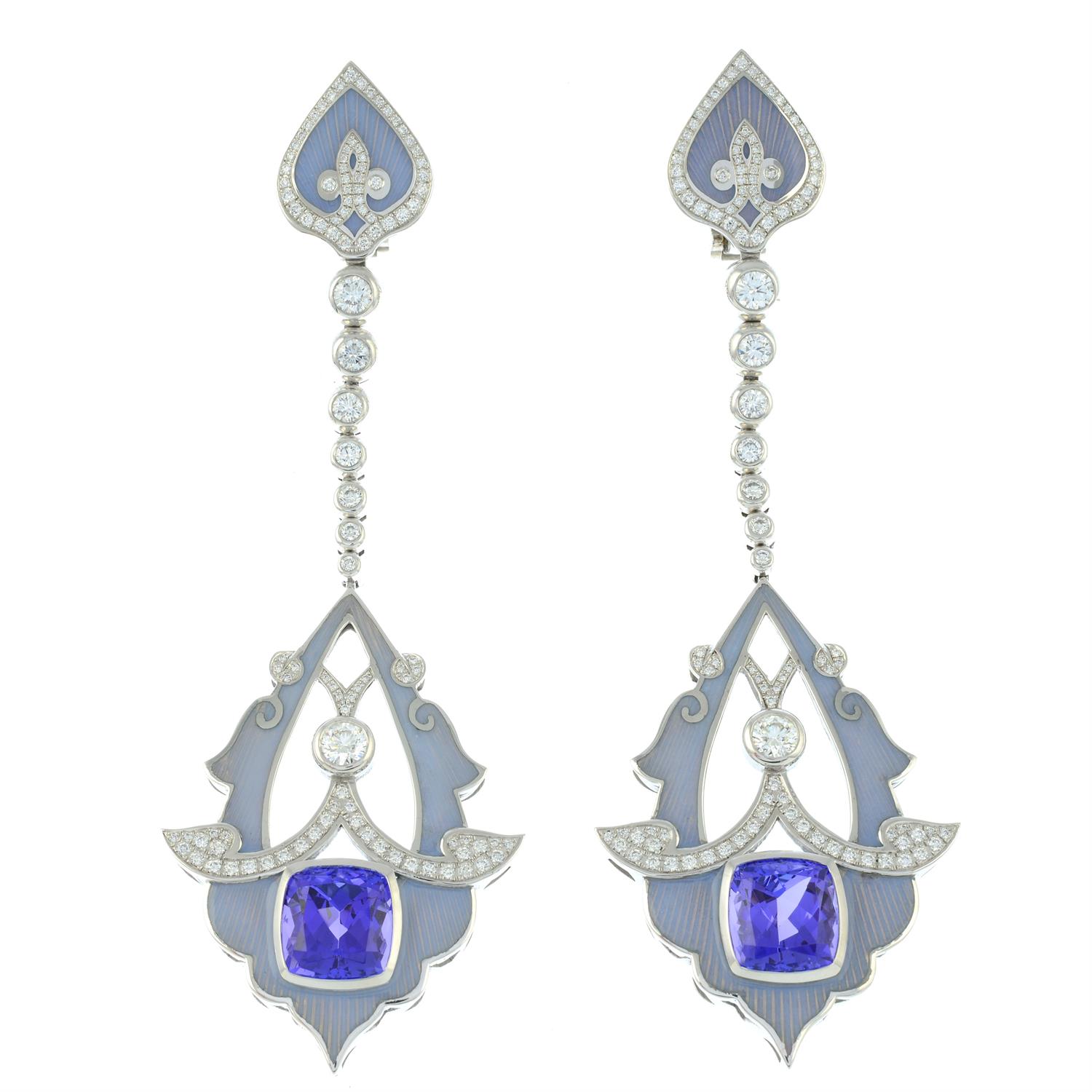 A pair of tanzanite, brilliant-cut diamond and enamel earrings. - Image 2 of 3