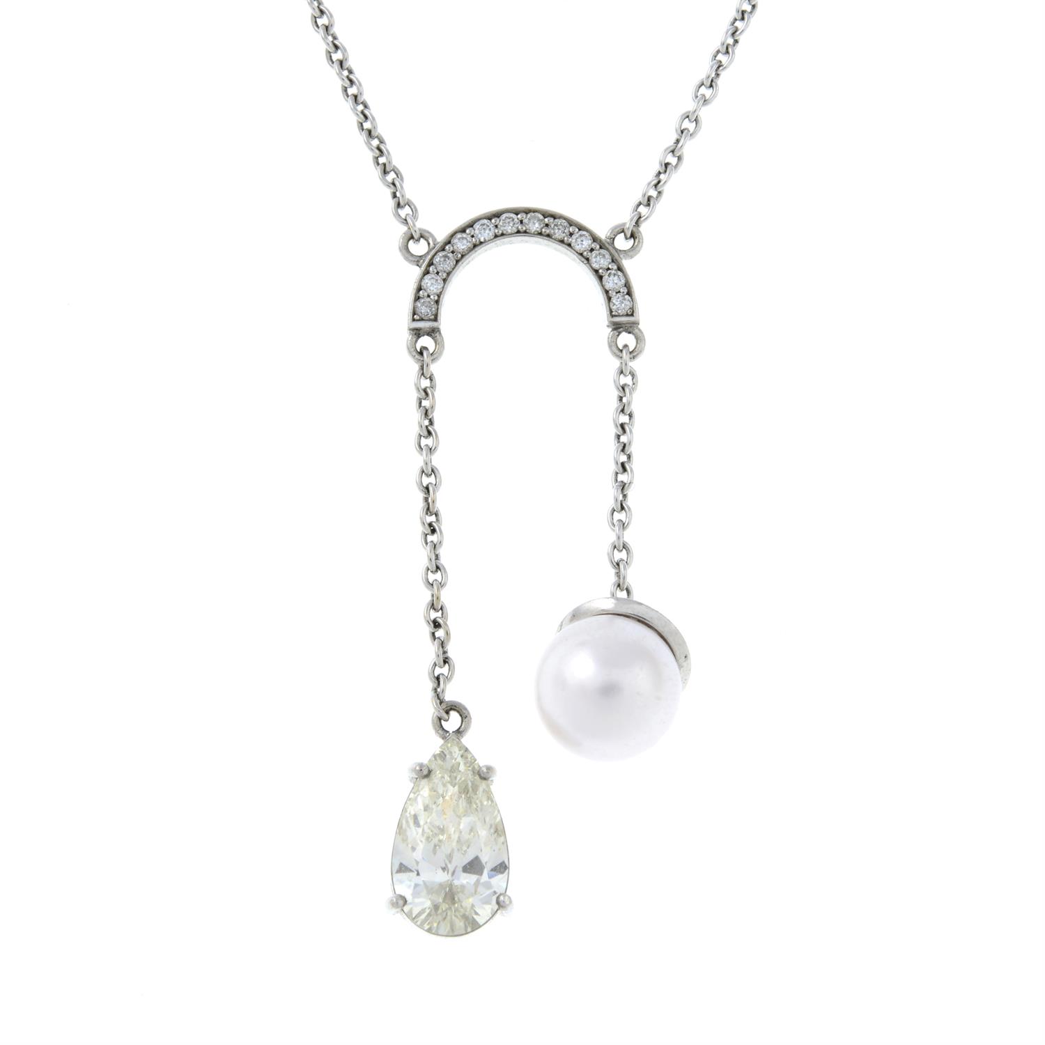 An 18ct gold diamond and cultured pearl negligée pendant, on chain. - Image 2 of 6