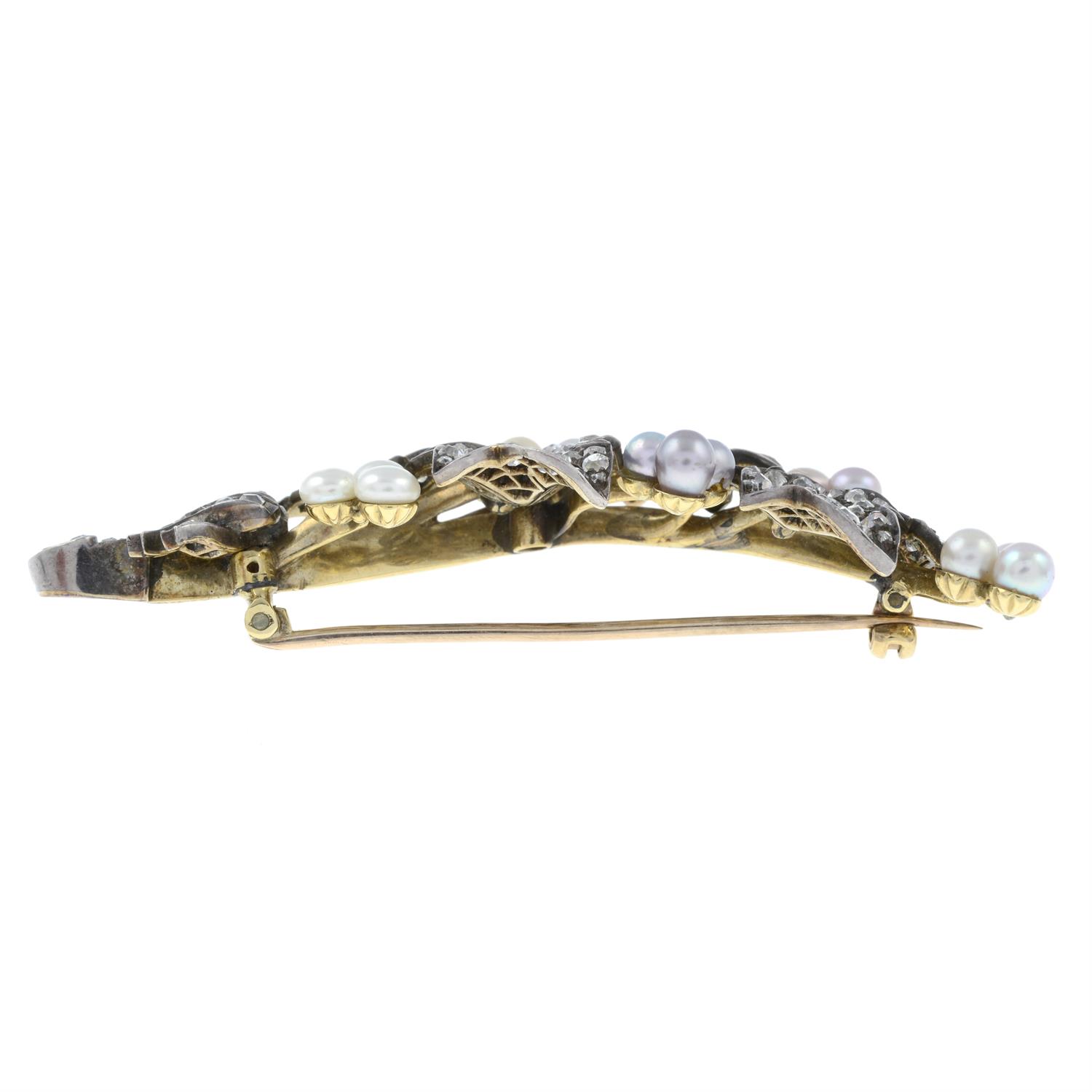 A late Victorian silver and gold, old-cut diamond and vari-hue pearl ivy sprig brooch. - Image 4 of 5