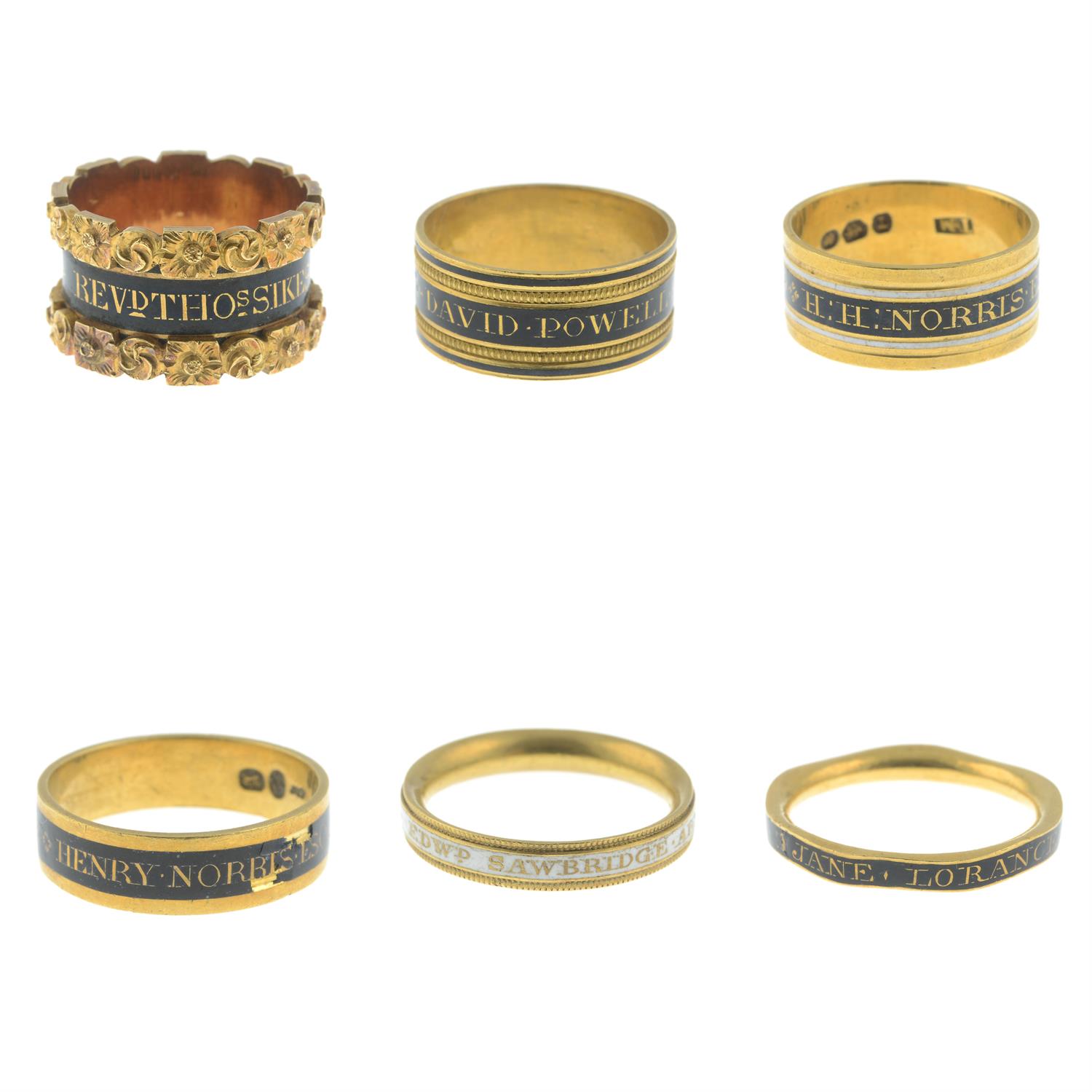 A collection of sixty-three Georgian and William IV gold and enamel mourning rings. - Image 2 of 16