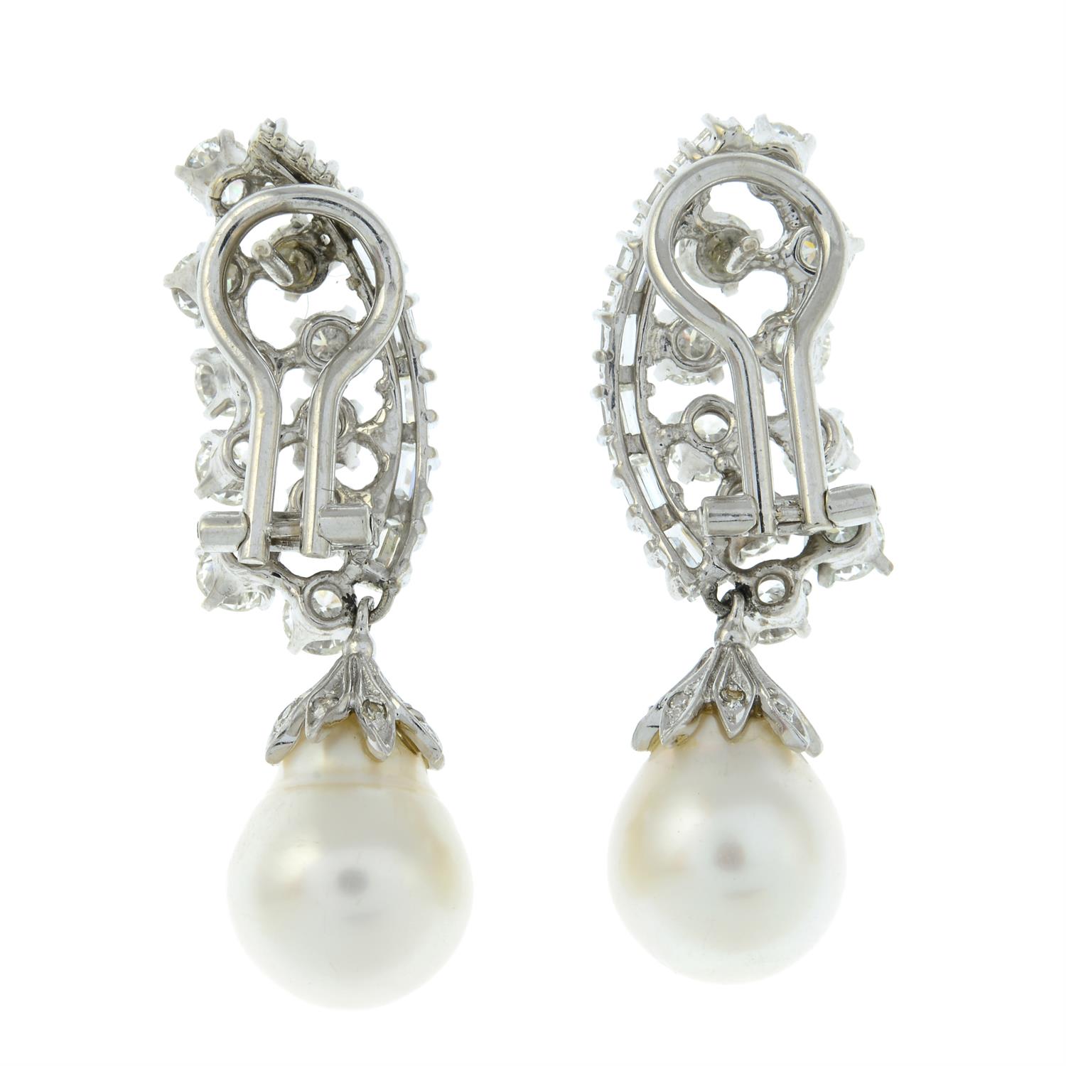 A pair of mid 20th century 14ct gold vari-cut diamond and cultured pearl drop earrings. - Image 3 of 3