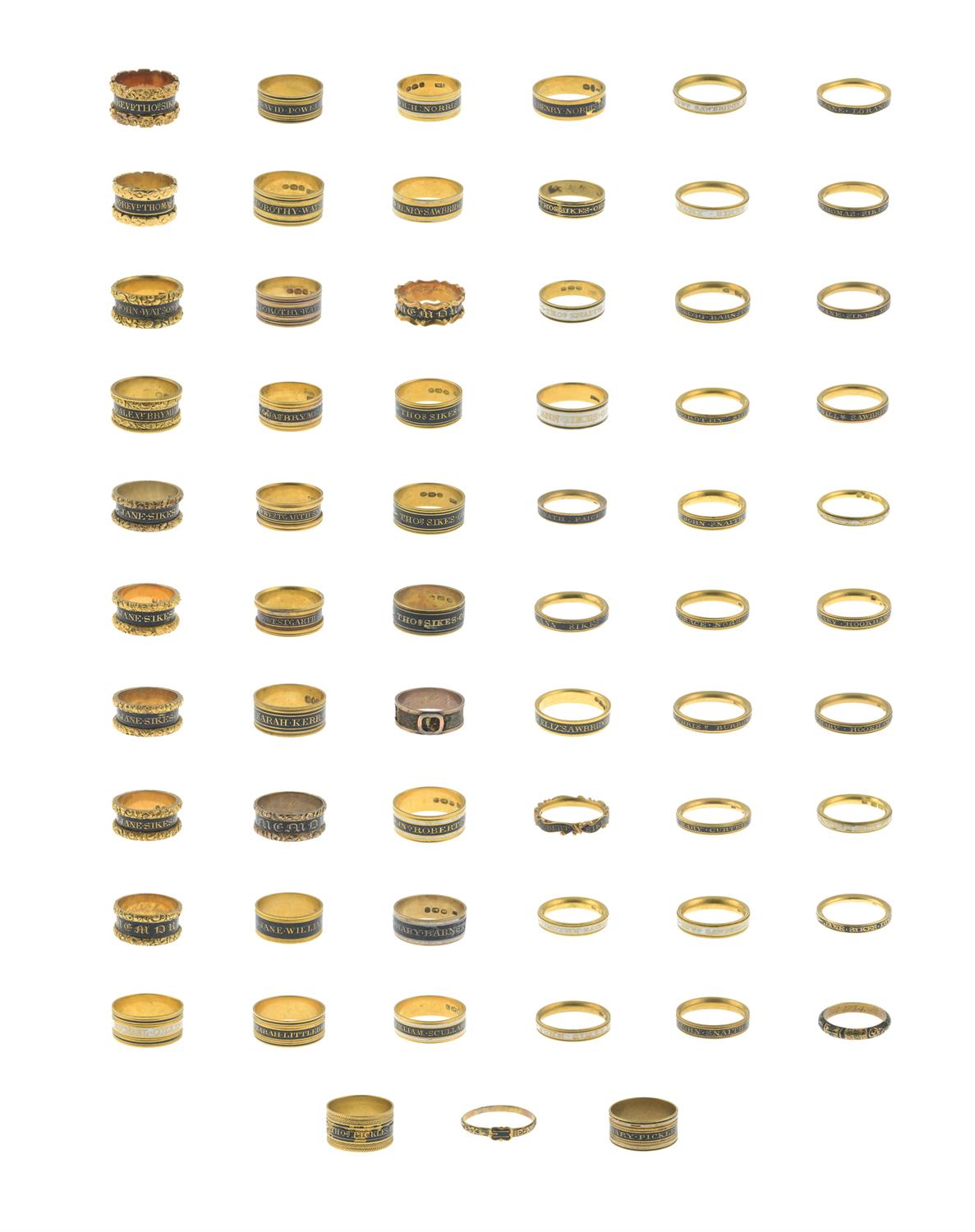 A collection of sixty-three Georgian and William IV gold and enamel mourning rings.