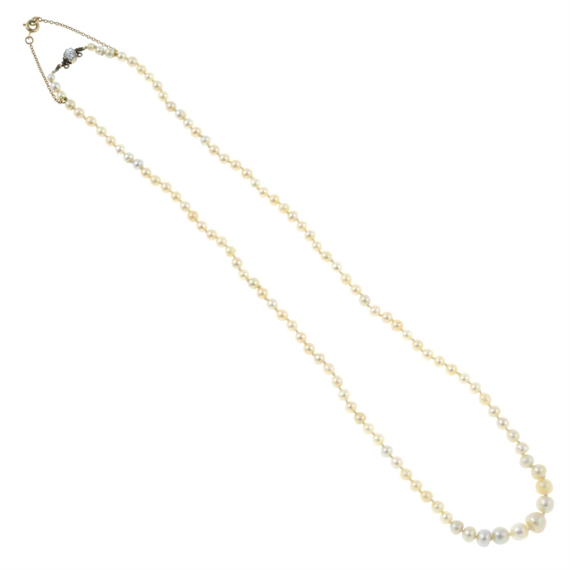 A graduated natural pearl single-strand necklace, with old-cut diamond clasp. - Image 3 of 6