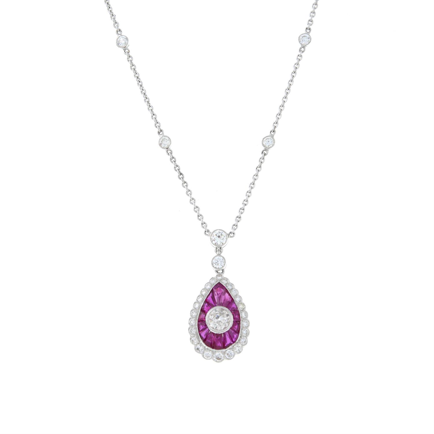 An 18ct gold old and brilliant-cut diamond and calibré-cut ruby necklace. - Image 2 of 5