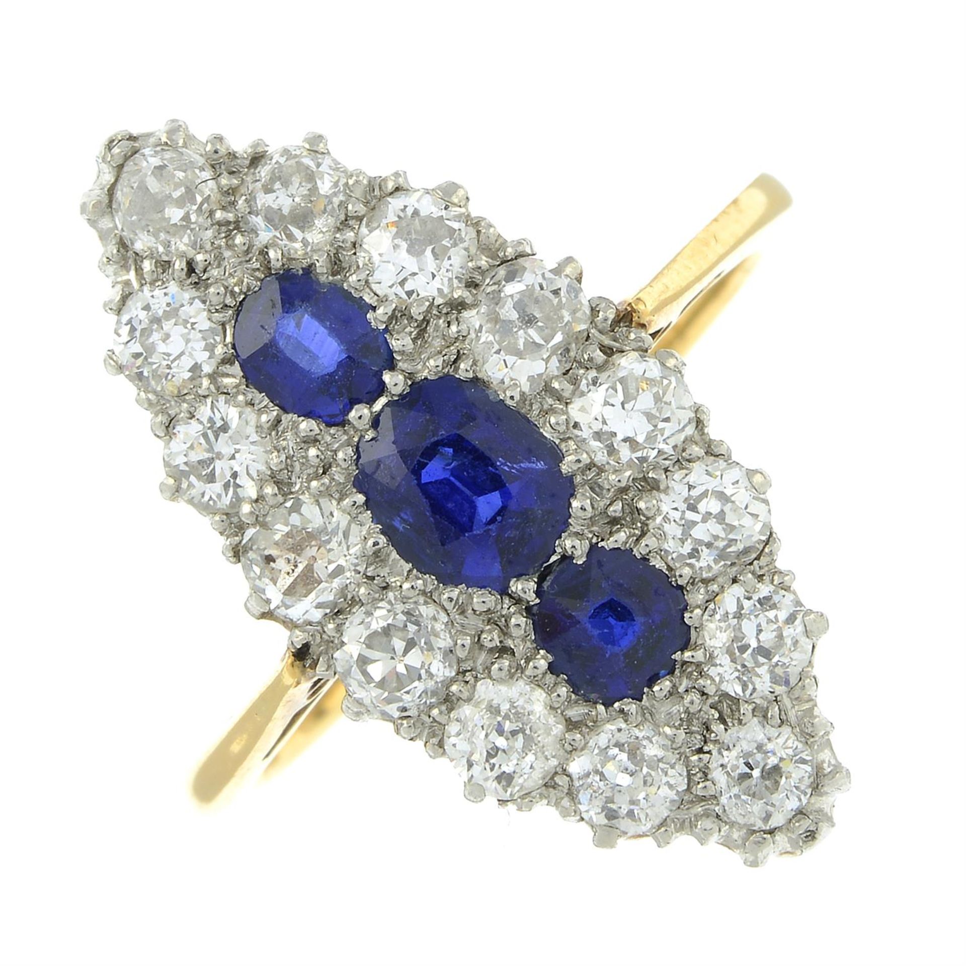 An early 20th century platinum and 18ct gold, sapphire and old-cut diamond navette-shape cluster - Image 2 of 6