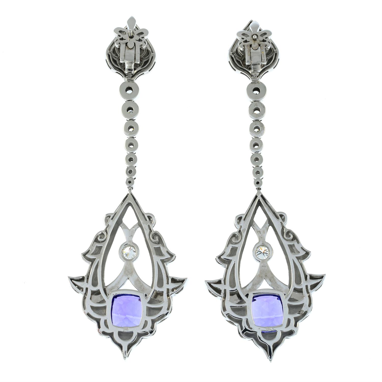 A pair of tanzanite, brilliant-cut diamond and enamel earrings. - Image 3 of 3