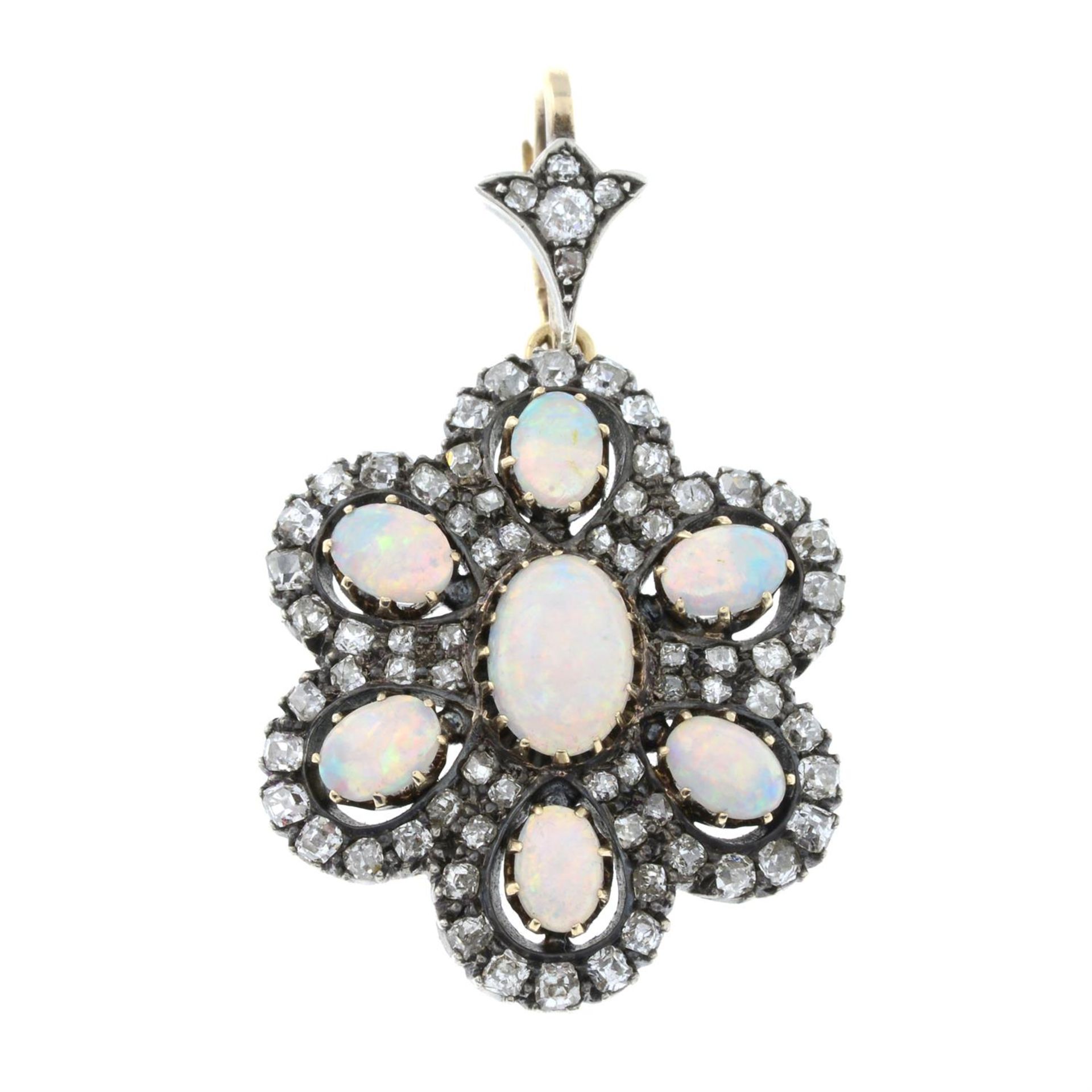 A late Victorian silver and gold, opal and old-cut diamond floral cluster pendant. - Bild 2 aus 5