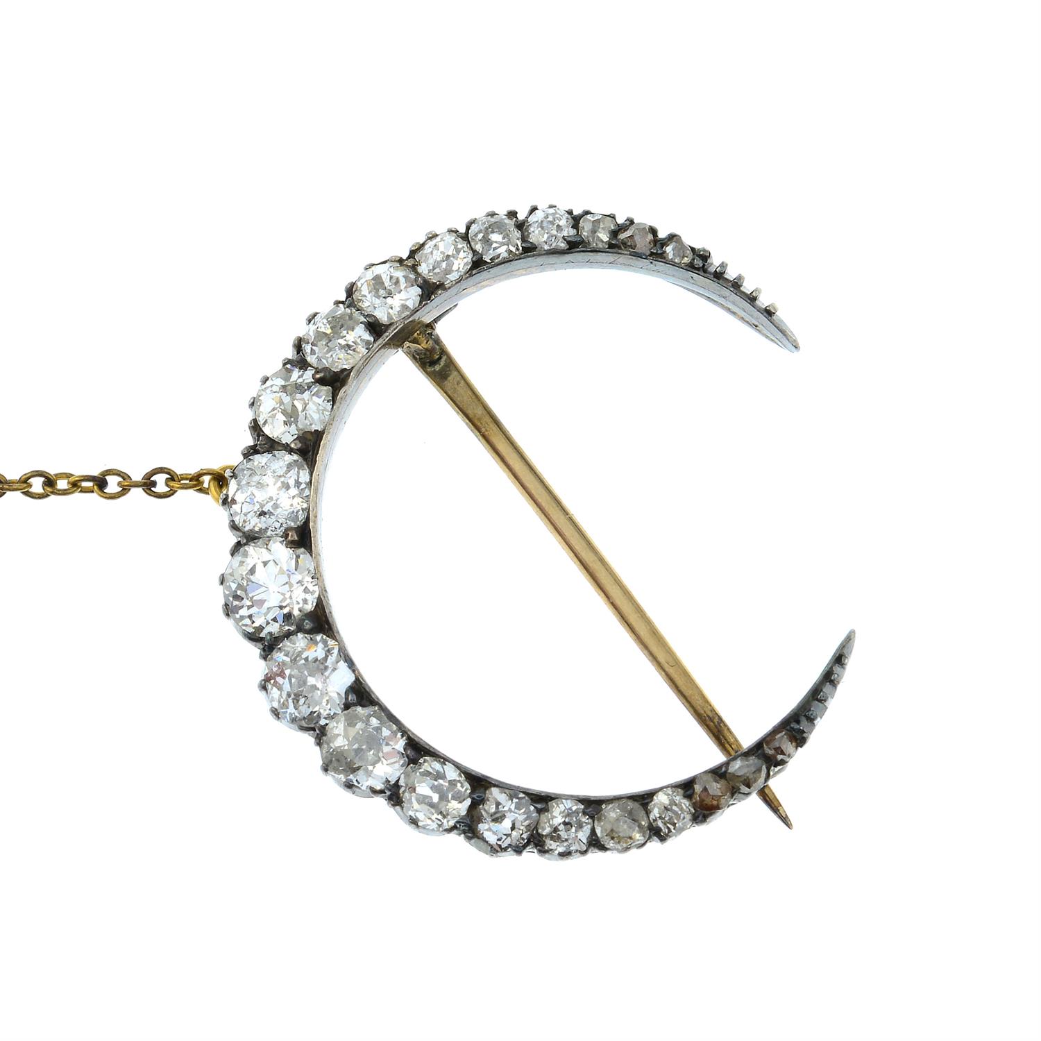 A late Victorian silver and gold, old and rose-cut diamond crescent brooch. - Image 3 of 5