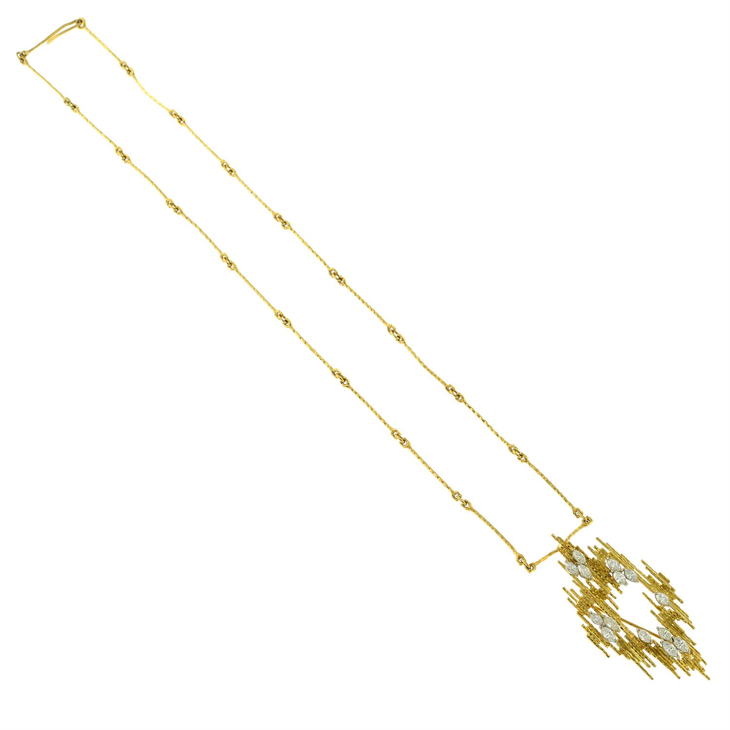 A 1970s 18ct gold marquise-shape diamond textured pendant brooch, with similarly-textured chain. - Image 4 of 5