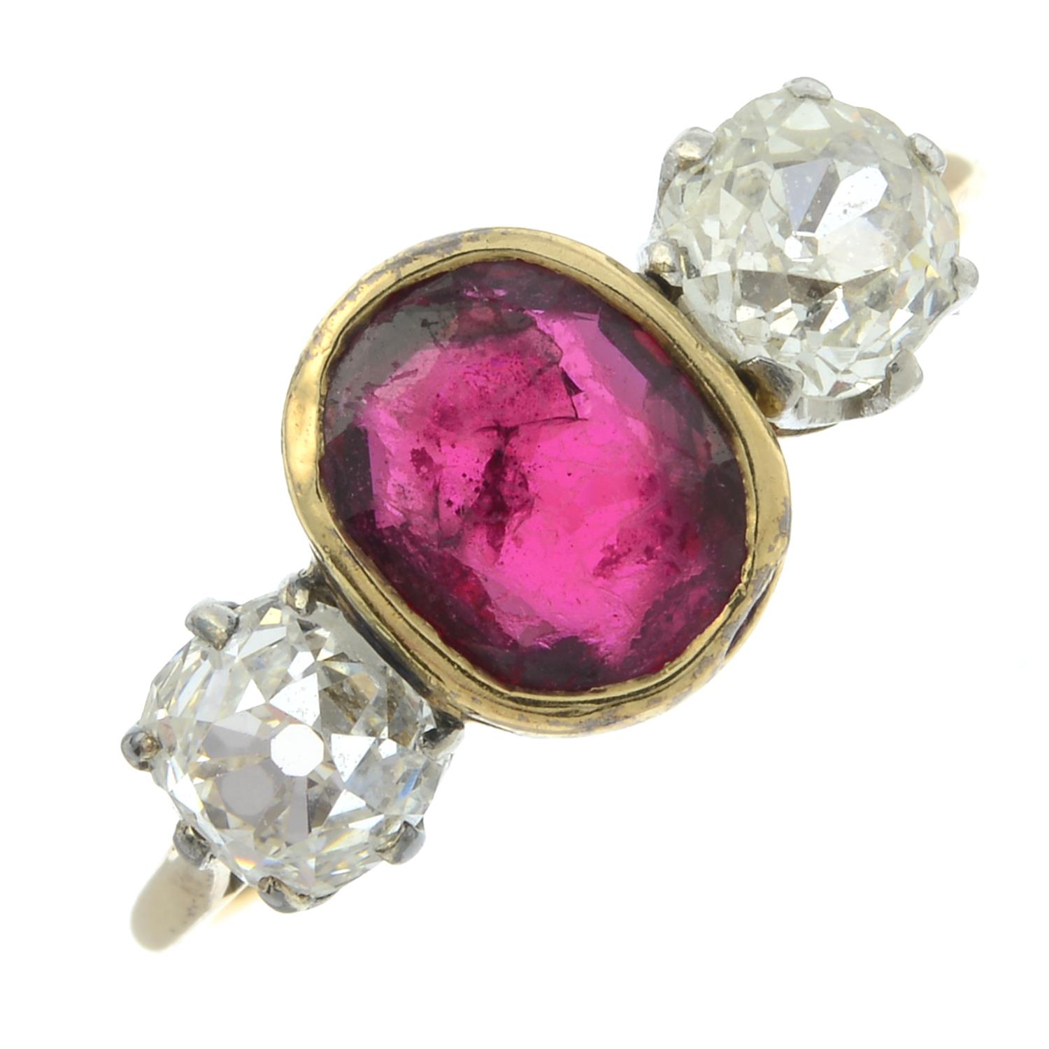 A ruby and diamond three-stone ring. - Image 2 of 6