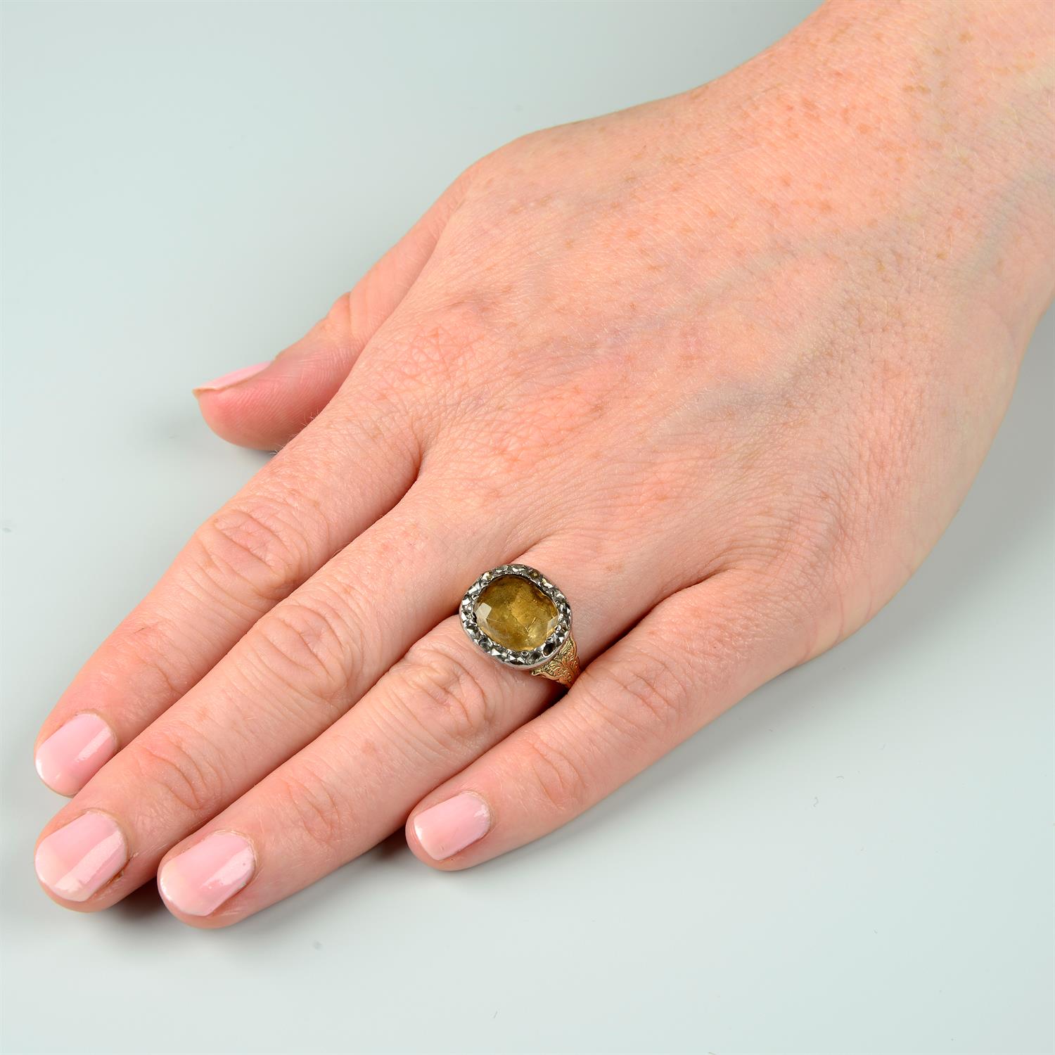 A late Georgian silver and gold, foil back golden topaz and rose-cut diamond ring. - Image 6 of 6