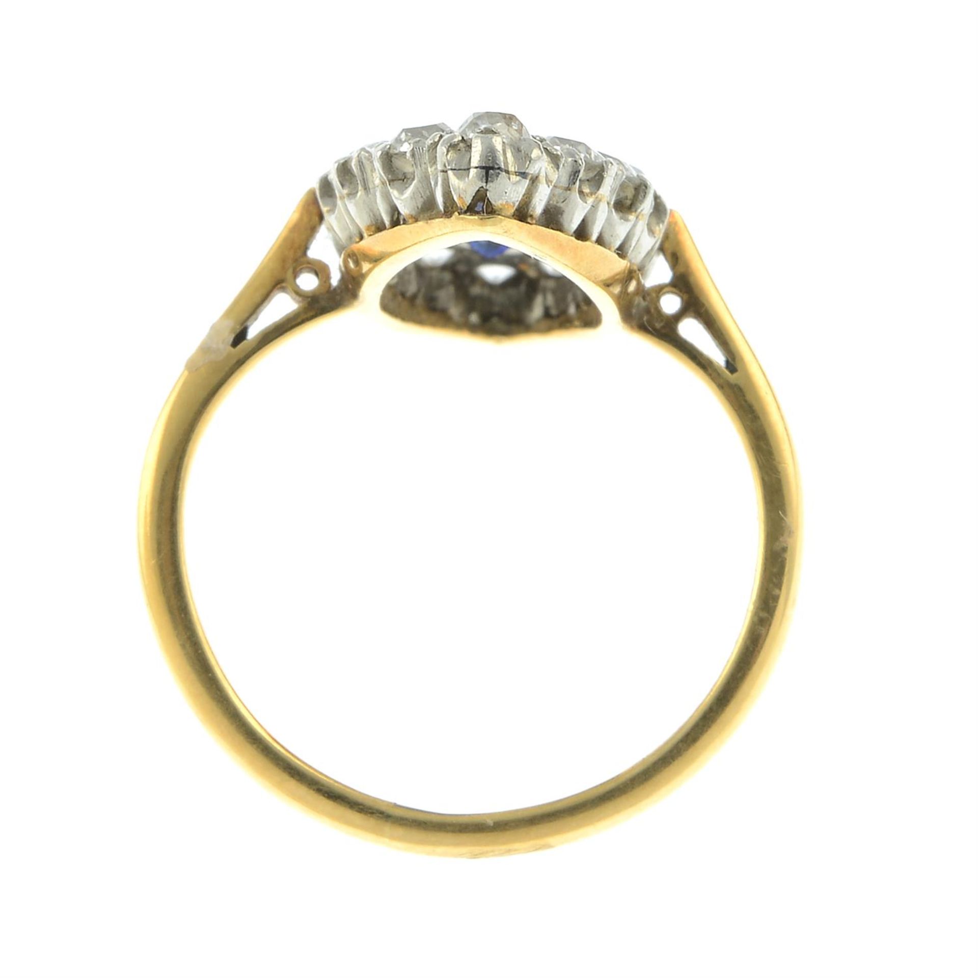 An early 20th century platinum and 18ct gold, sapphire and old-cut diamond navette-shape cluster - Image 5 of 6