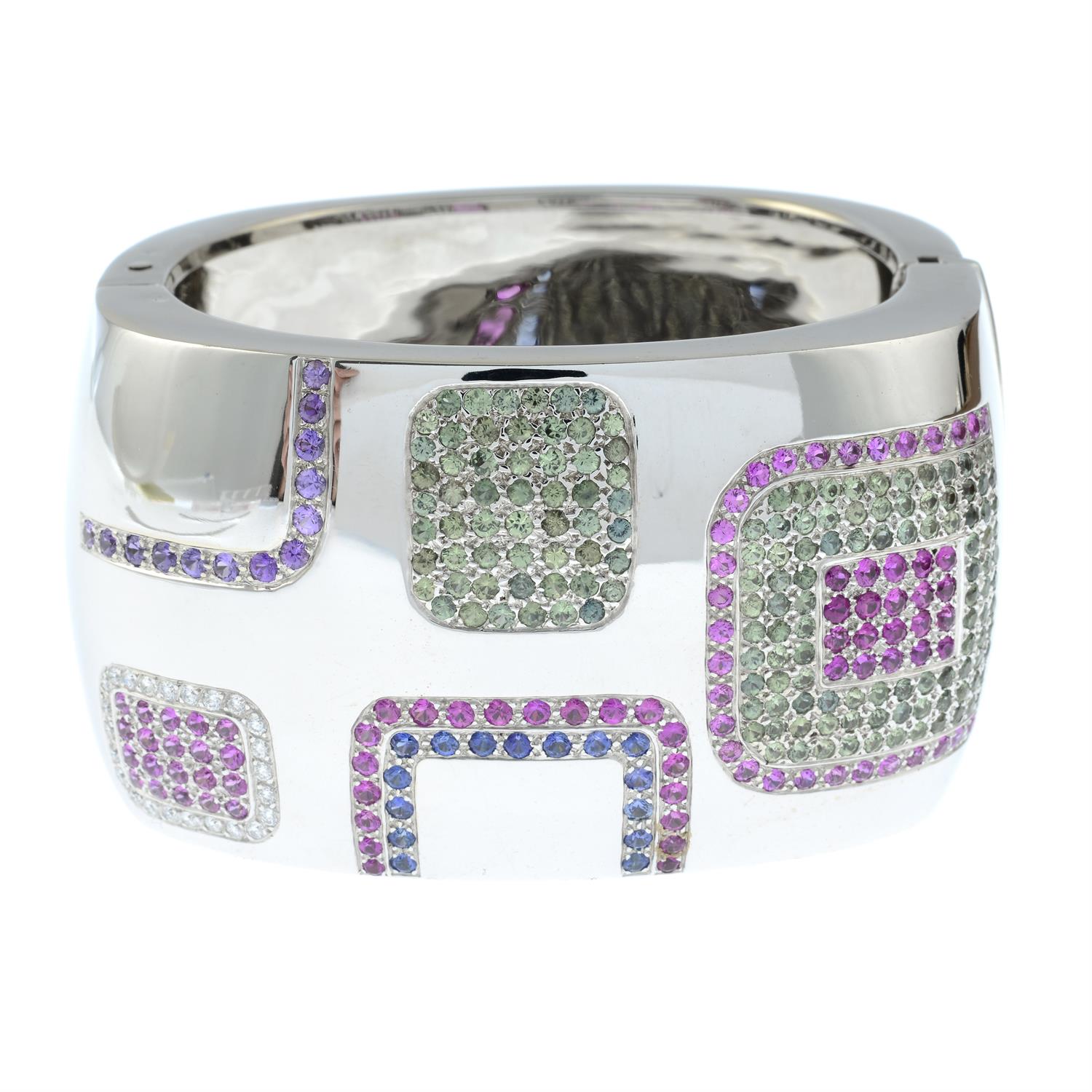 An 18ct gold, vari-hue sapphire and diamond 'Patchwork' hinged bangle, by Ritz Fine Jewellery. - Image 2 of 4