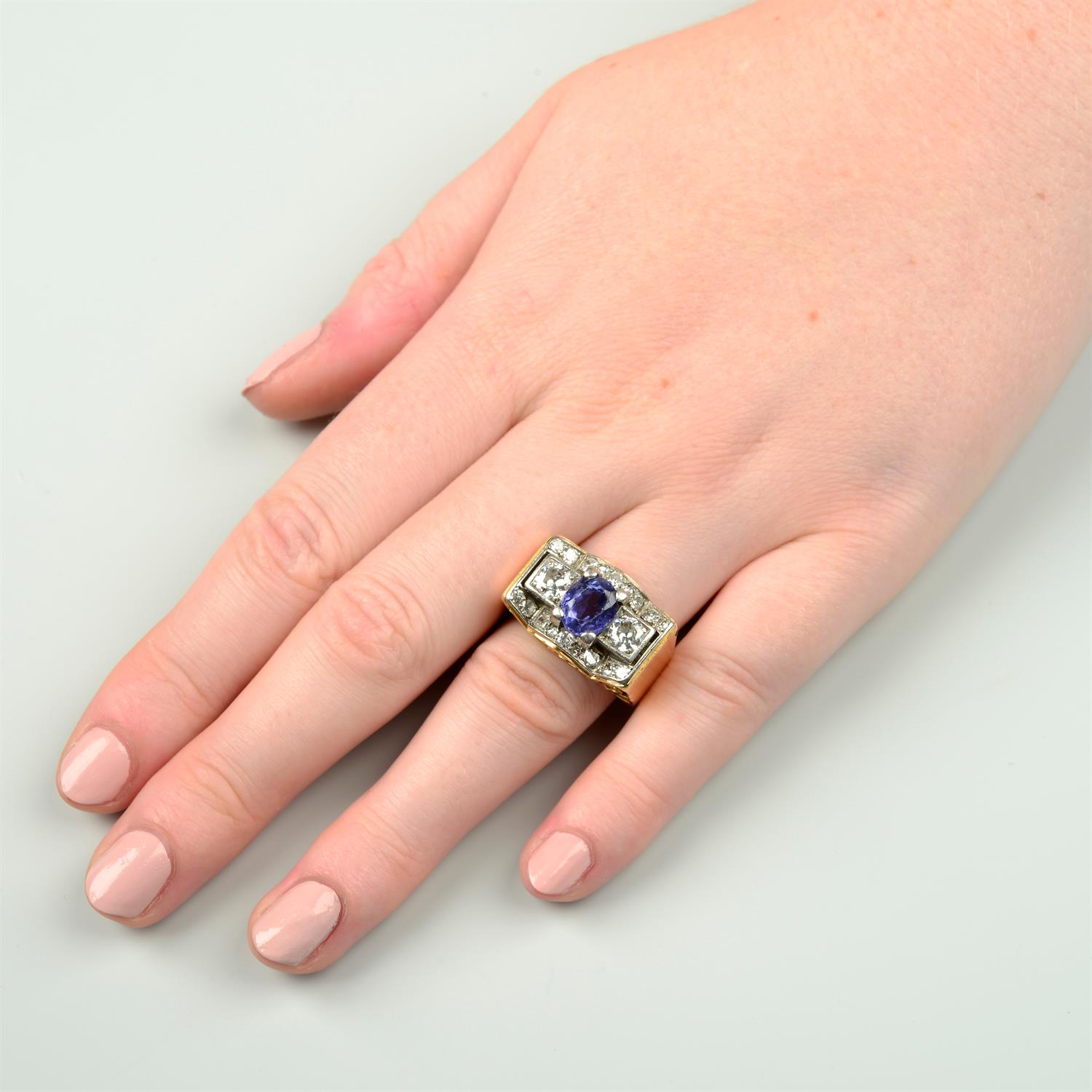 A 1940s palladium and gold sapphire and diamond dress ring. - Image 6 of 6