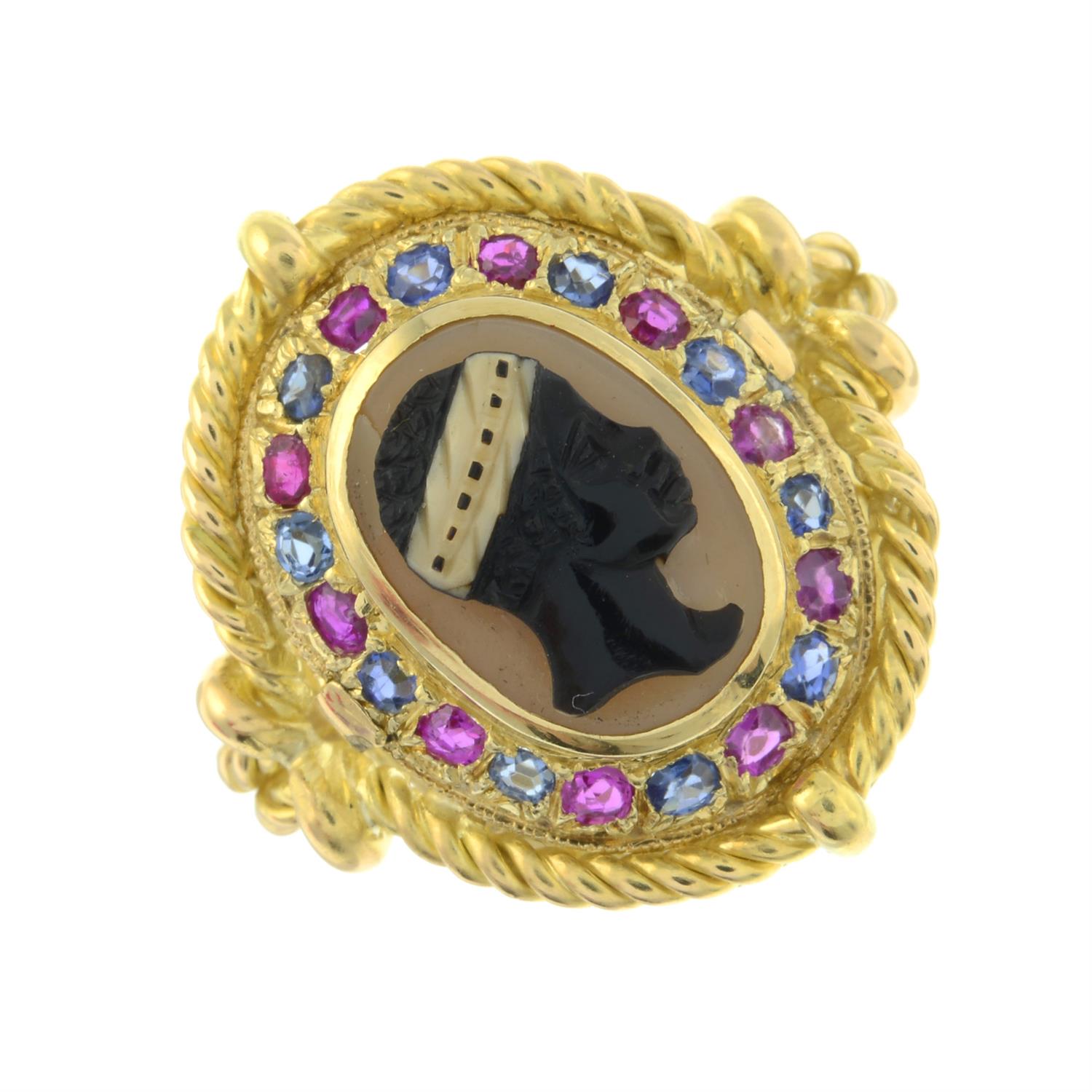 An onyx cameo, sapphire and ruby ring. - Image 2 of 6