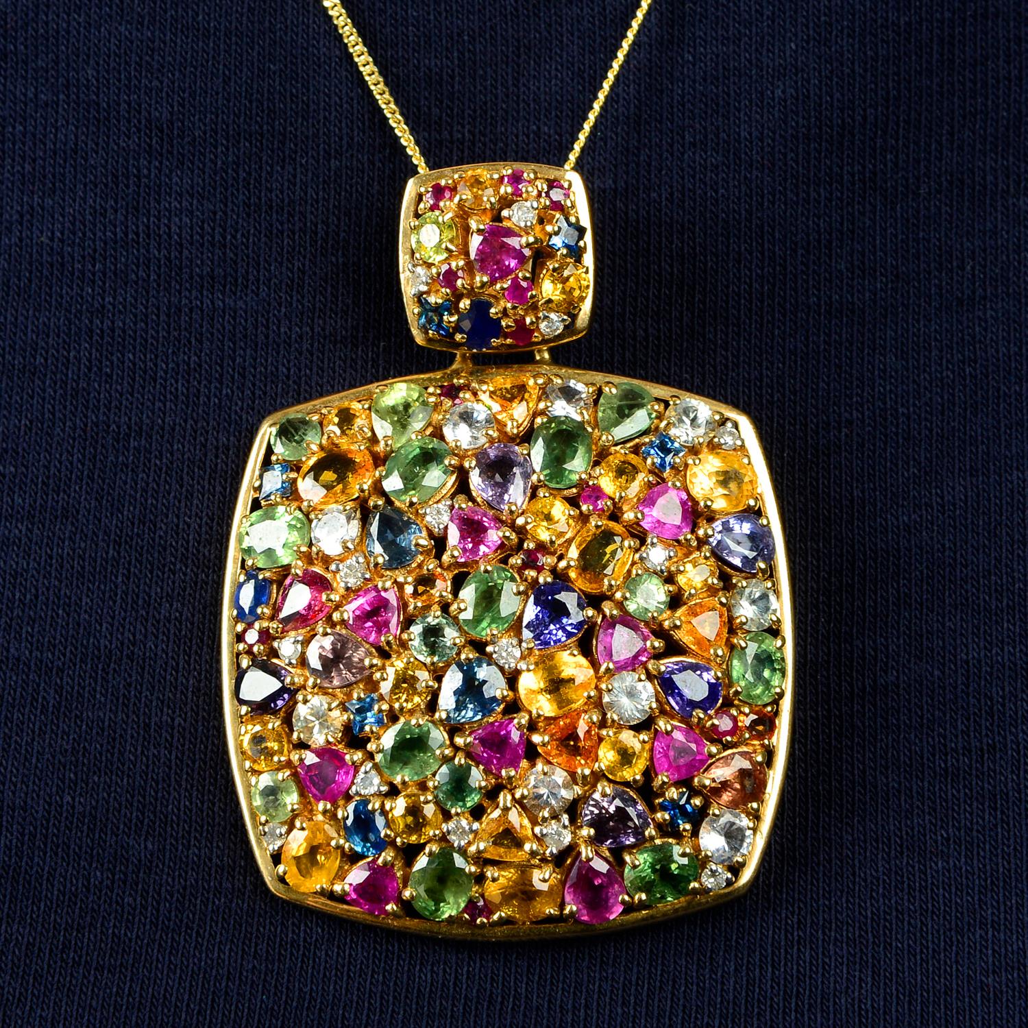 A 9ct gold multi gem pendant, to include vari-hue sapphire, diamond, spinel and further gems.