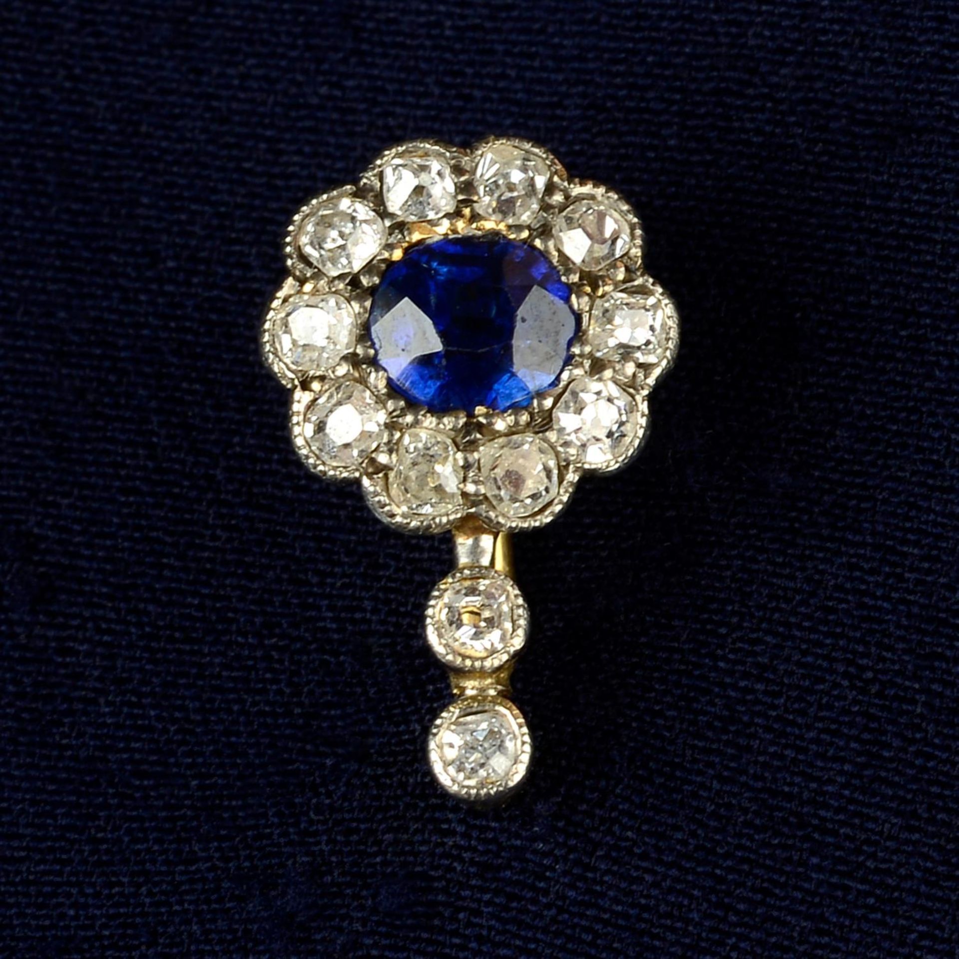 An early 20th century 12ct gold and platinum, sapphire and old-cut diamond cluster stickpin.