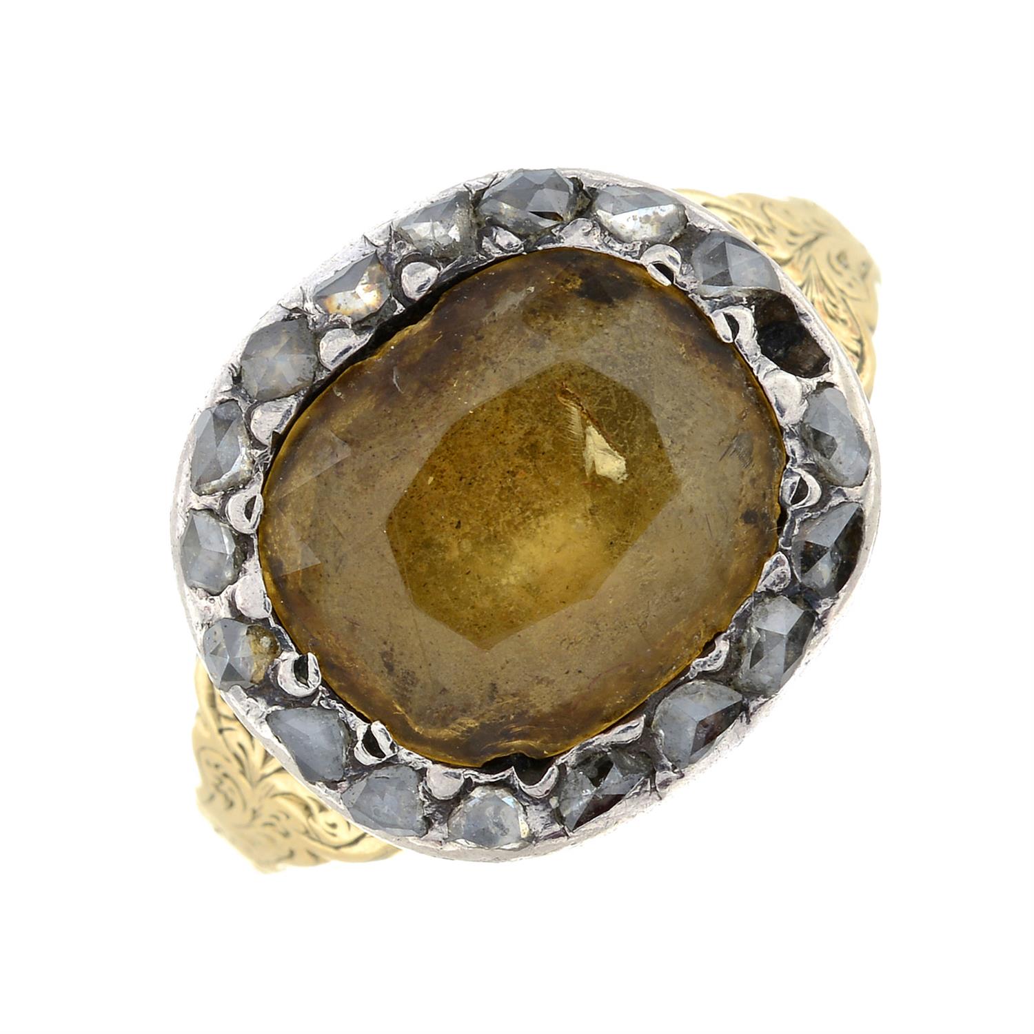 A late Georgian silver and gold, foil back golden topaz and rose-cut diamond ring. - Image 2 of 6