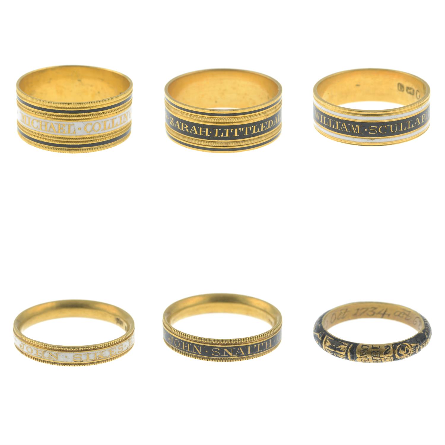 A collection of sixty-three Georgian and William IV gold and enamel mourning rings. - Image 11 of 16