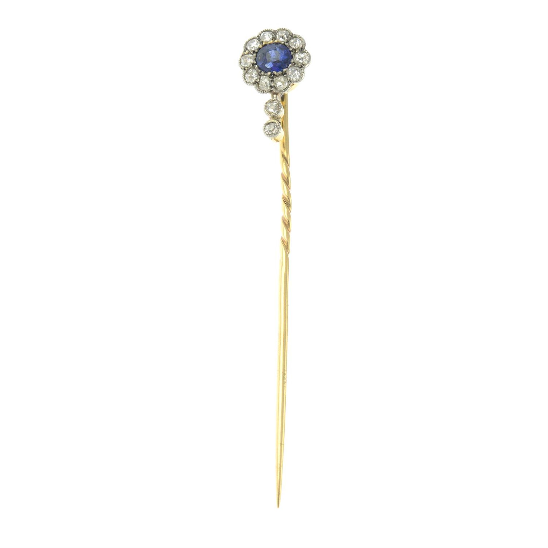An early 20th century 12ct gold and platinum, sapphire and old-cut diamond cluster stickpin. - Image 3 of 5