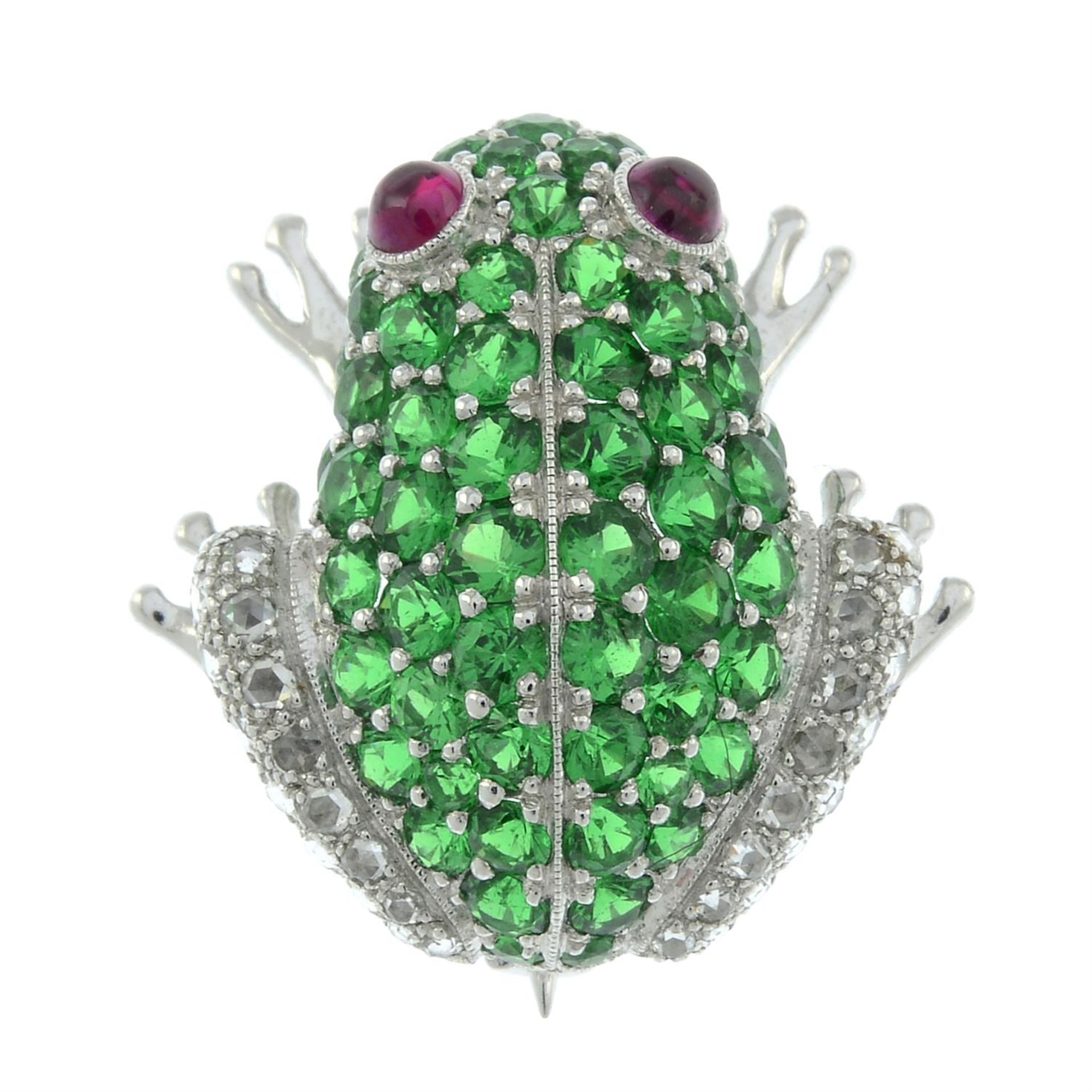 A tsavorite garnet and rose-cut diamond frog brooch, with ruby cabochon eyes. - Image 2 of 4