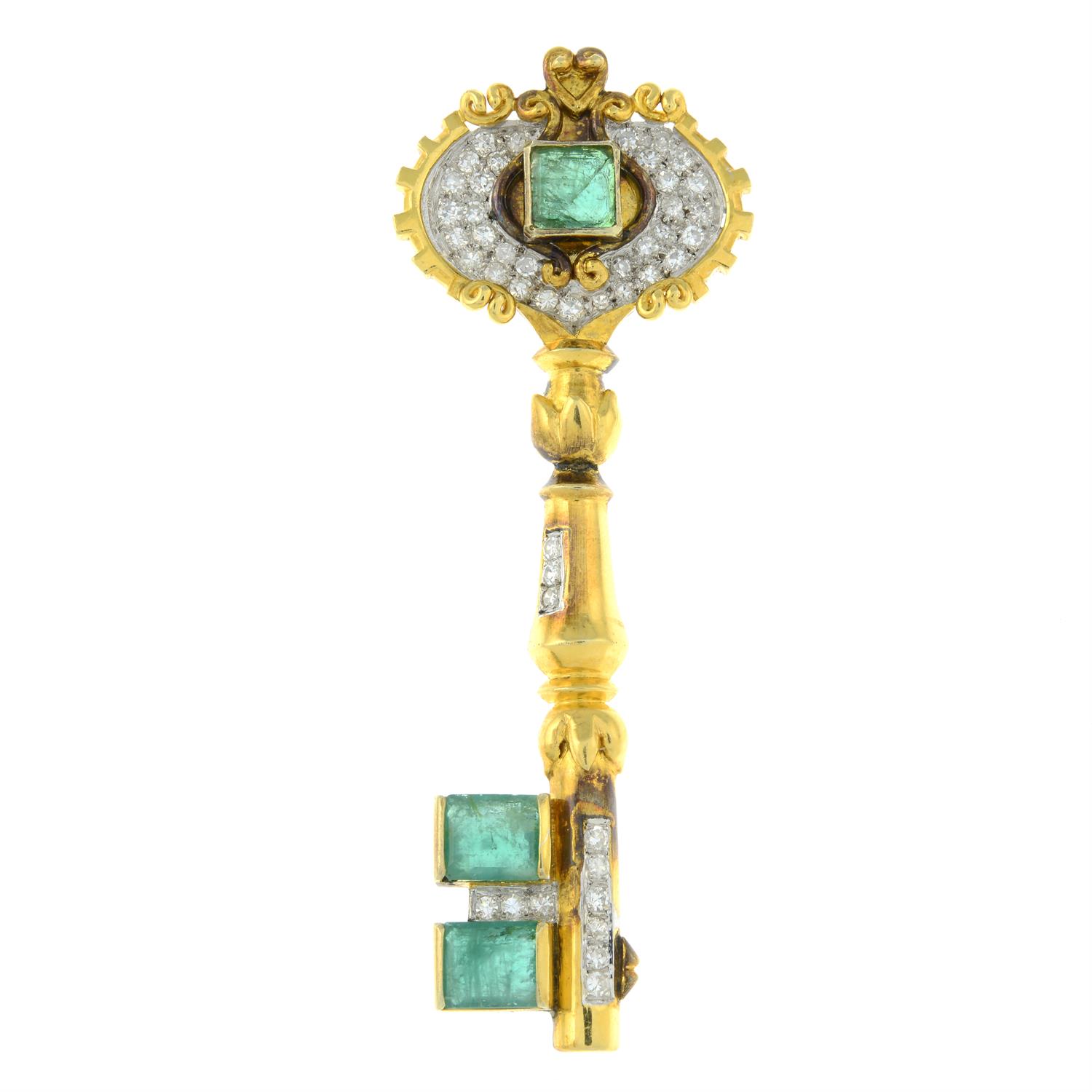 A mid 20th century gold emerald and single-cut diamond key pendant. - Image 2 of 4