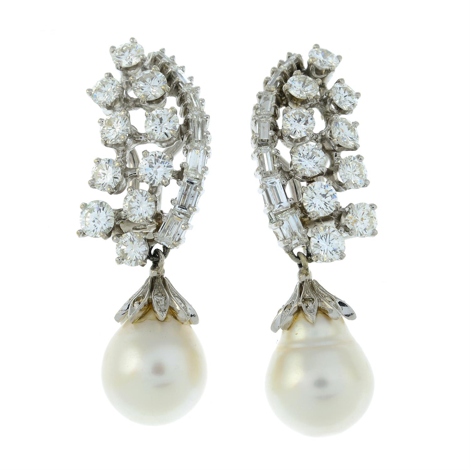 A pair of mid 20th century 14ct gold vari-cut diamond and cultured pearl drop earrings. - Image 2 of 3