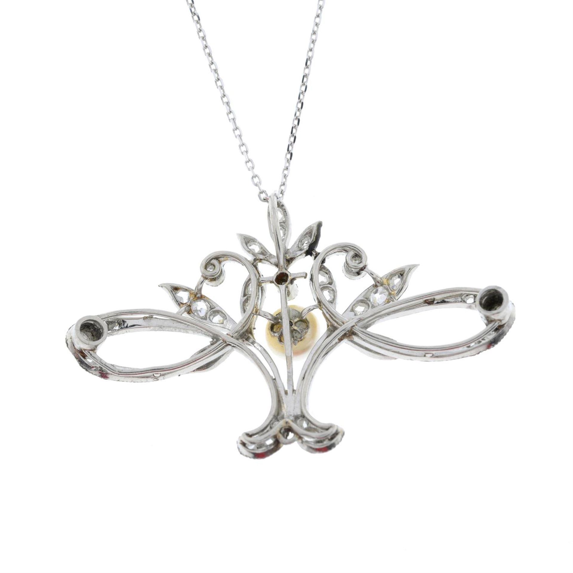 A Belle Époque platinum, pearl and diamond pendant, with later chain. - Image 3 of 5