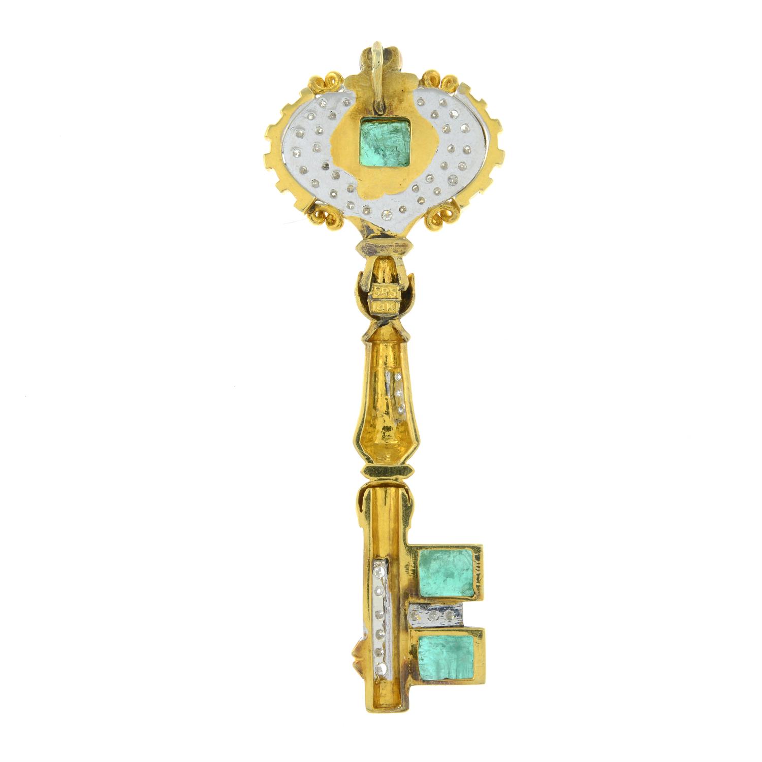 A mid 20th century gold emerald and single-cut diamond key pendant. - Image 3 of 4
