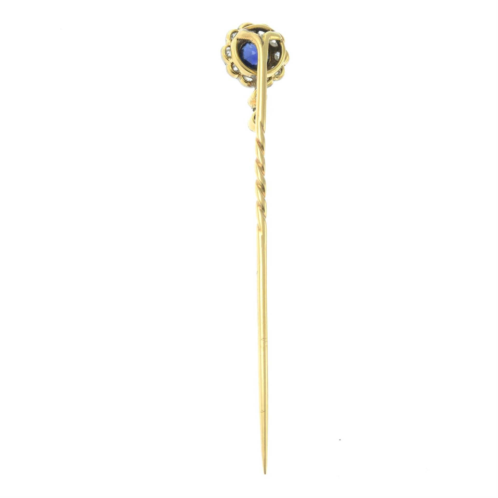 An early 20th century 12ct gold and platinum, sapphire and old-cut diamond cluster stickpin. - Image 4 of 5