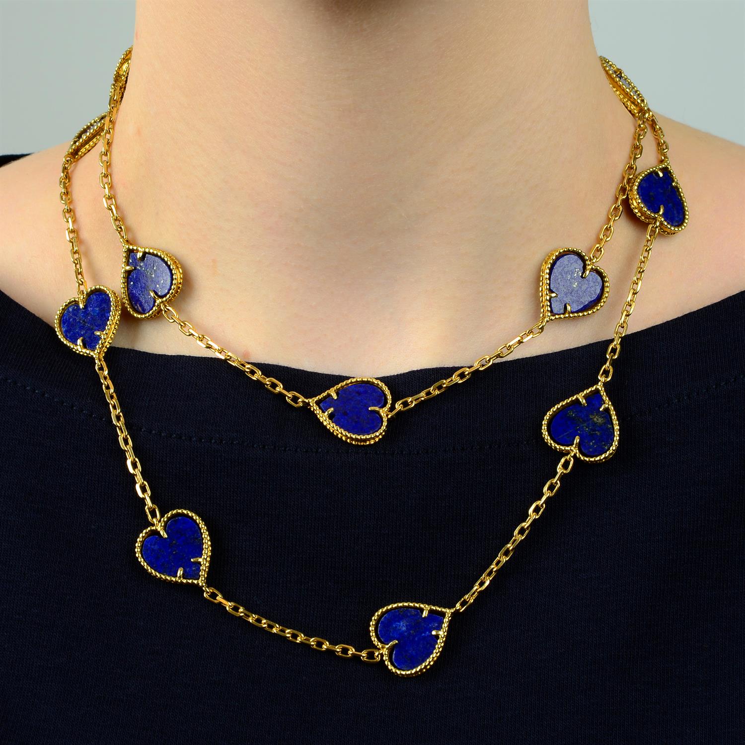 A mid 20th century 18ct gold lapis lazuli heart necklace.