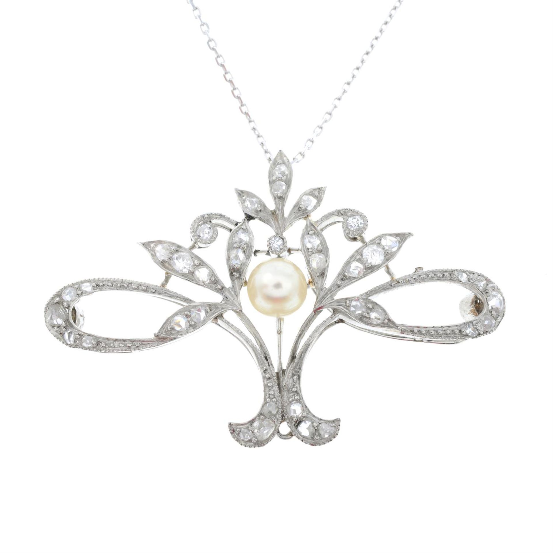 A Belle Époque platinum, pearl and diamond pendant, with later chain. - Image 2 of 5