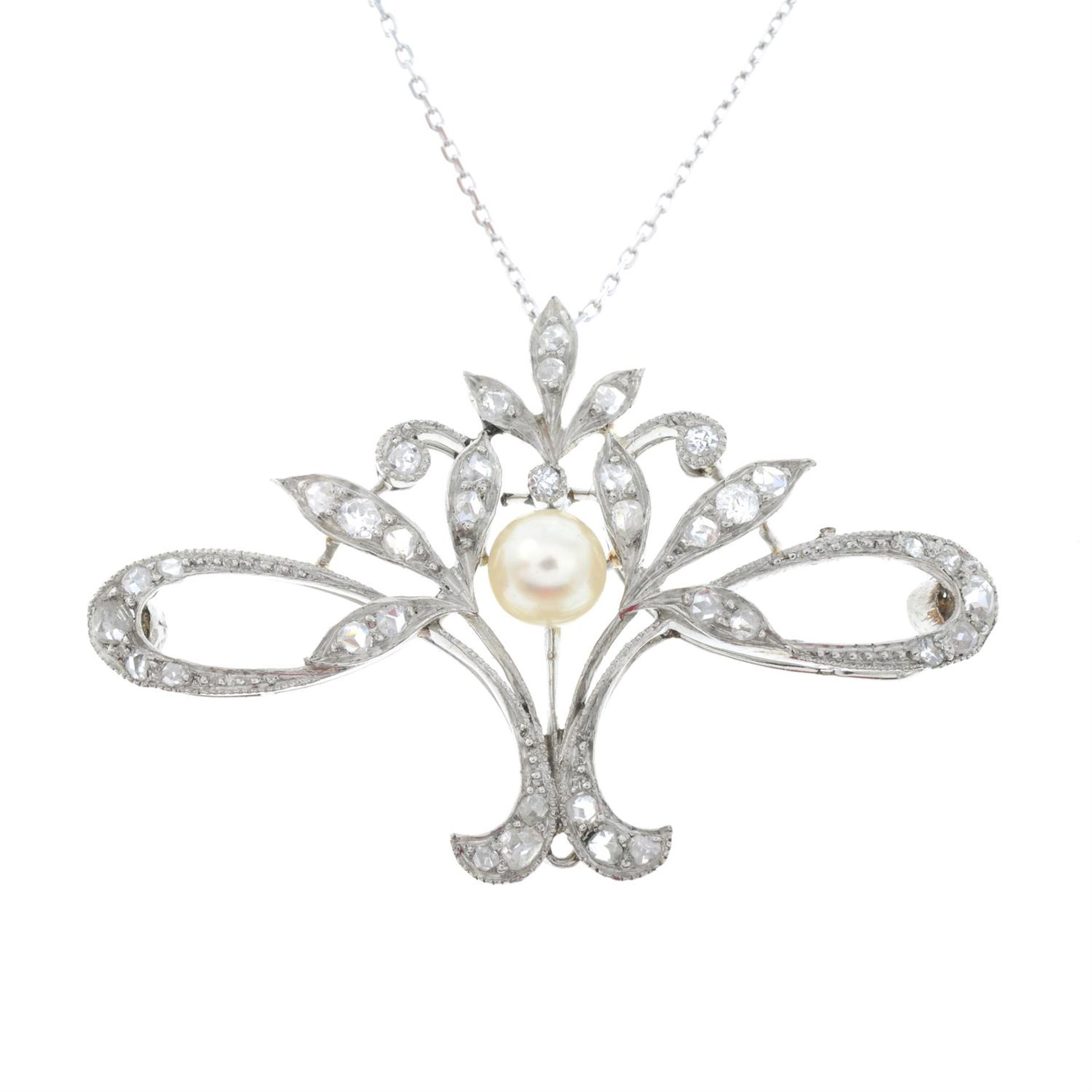 A Belle Époque platinum, pearl and diamond pendant, with later chain. - Bild 2 aus 5