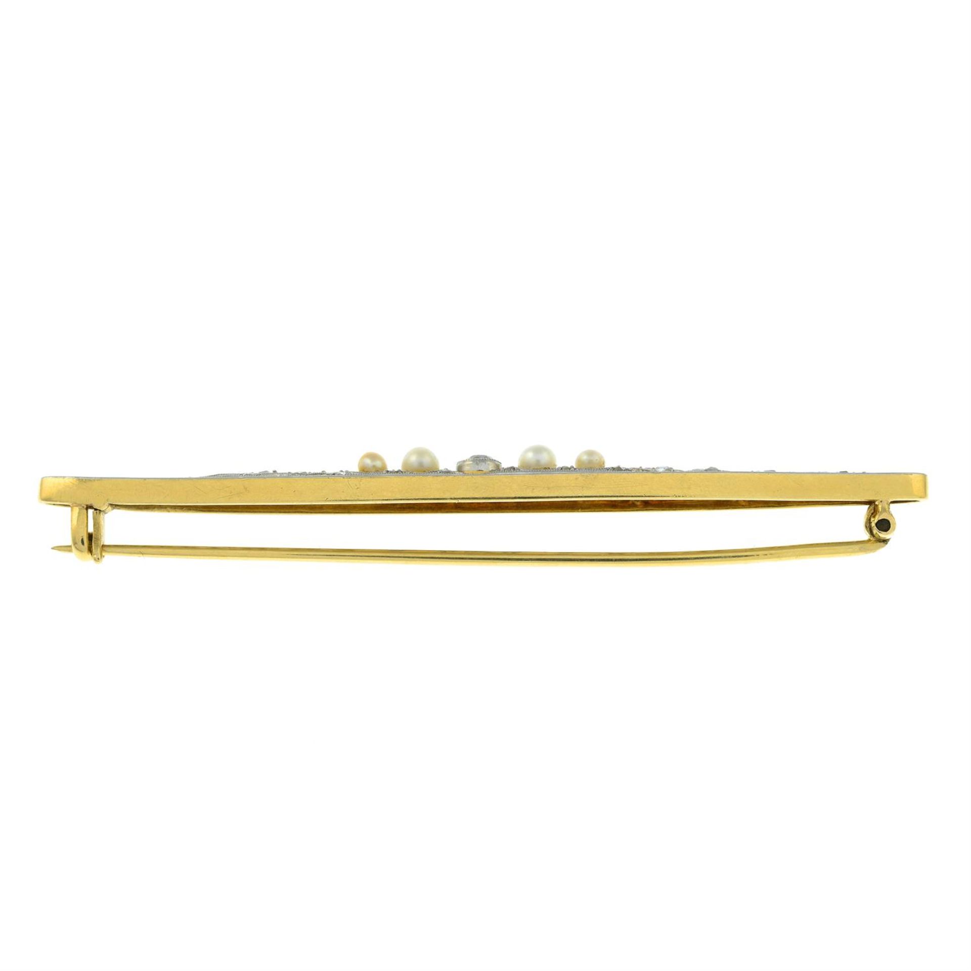 An early 20th century platinum and 18ct gold, diamond and seed pearl bar brooch. - Bild 4 aus 5