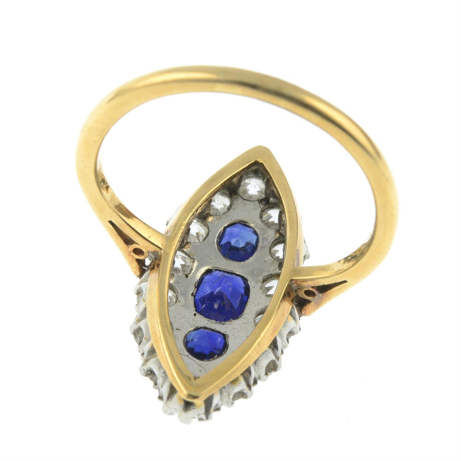 An early 20th century platinum and 18ct gold, sapphire and old-cut diamond navette-shape cluster - Image 4 of 6