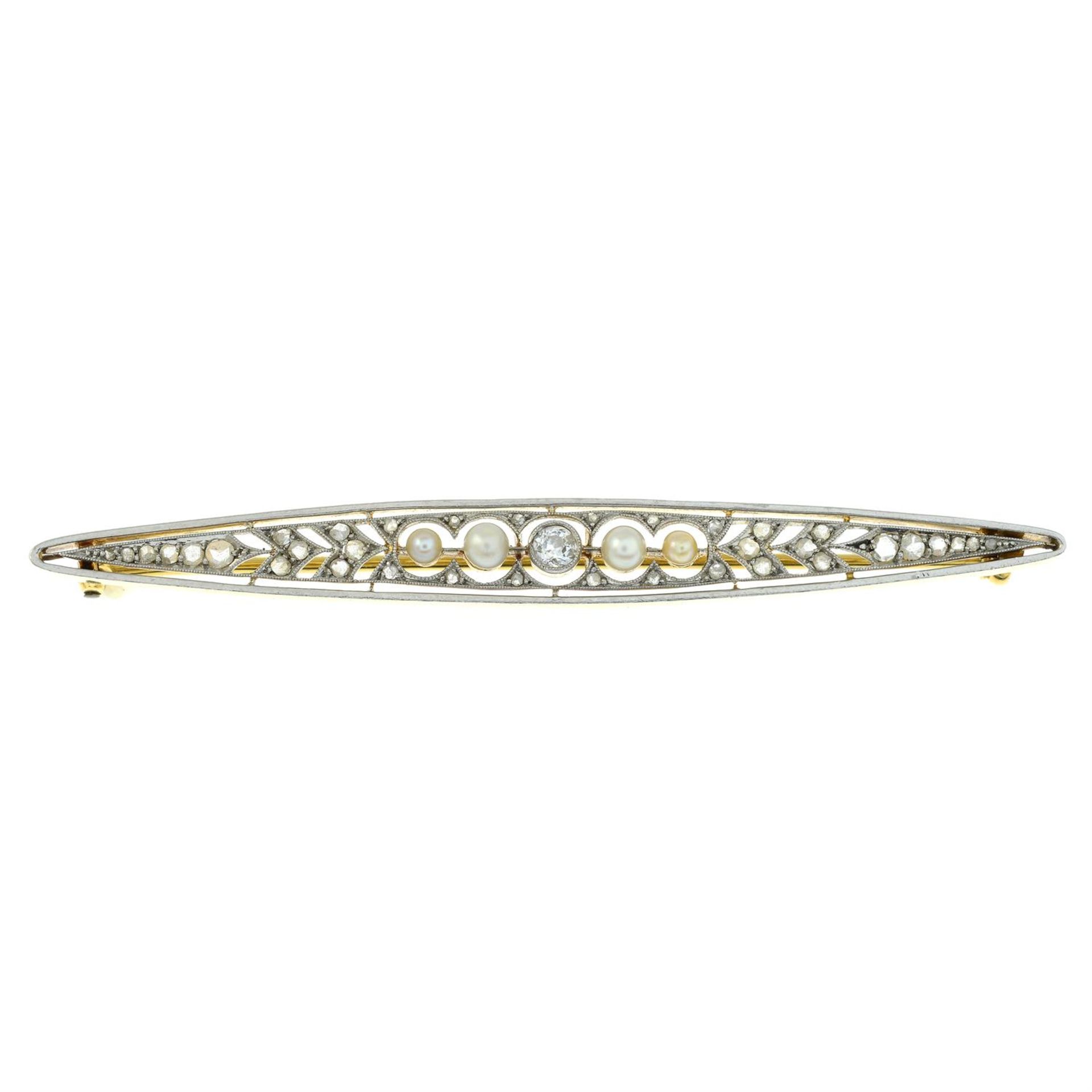 An early 20th century platinum and 18ct gold, diamond and seed pearl bar brooch. - Bild 2 aus 5