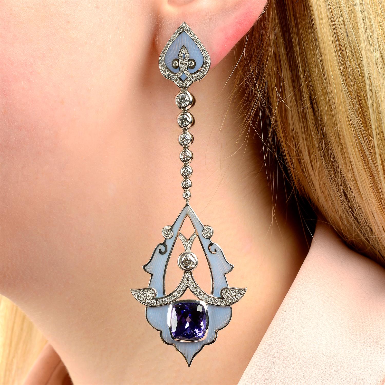 A pair of tanzanite, brilliant-cut diamond and enamel earrings.