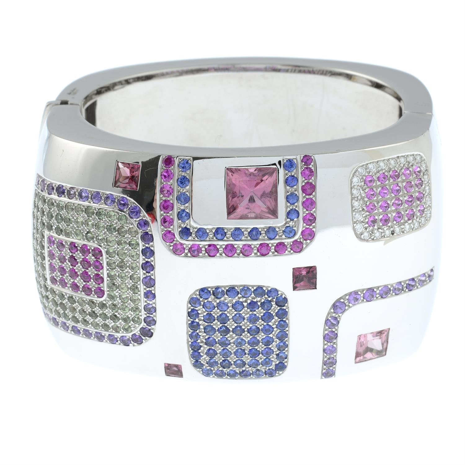 An 18ct gold, vari-hue sapphire, pink tourmaline and diamond 'Patchwork' hinged bangle, - Image 2 of 4