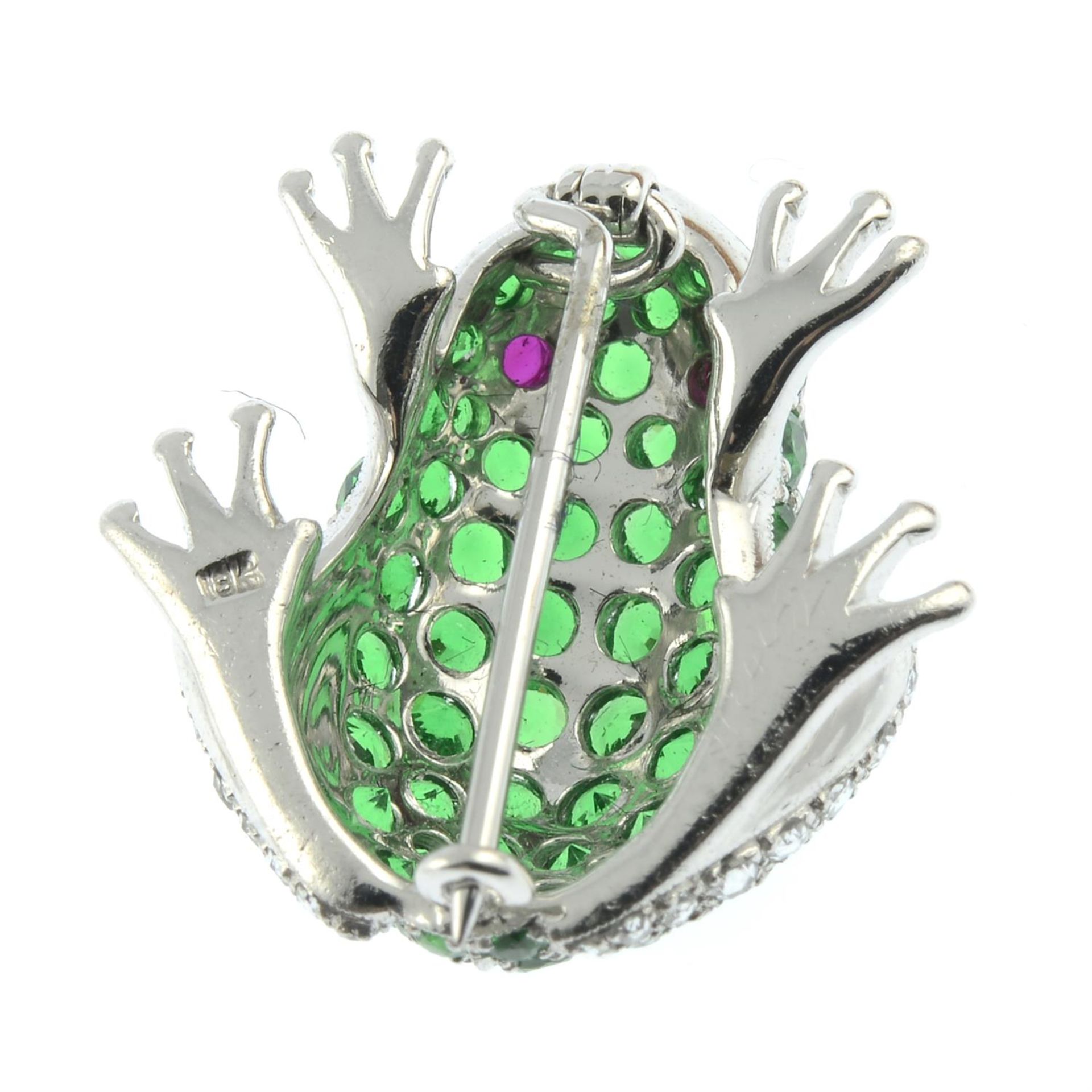 A tsavorite garnet and rose-cut diamond frog brooch, with ruby cabochon eyes. - Image 3 of 4